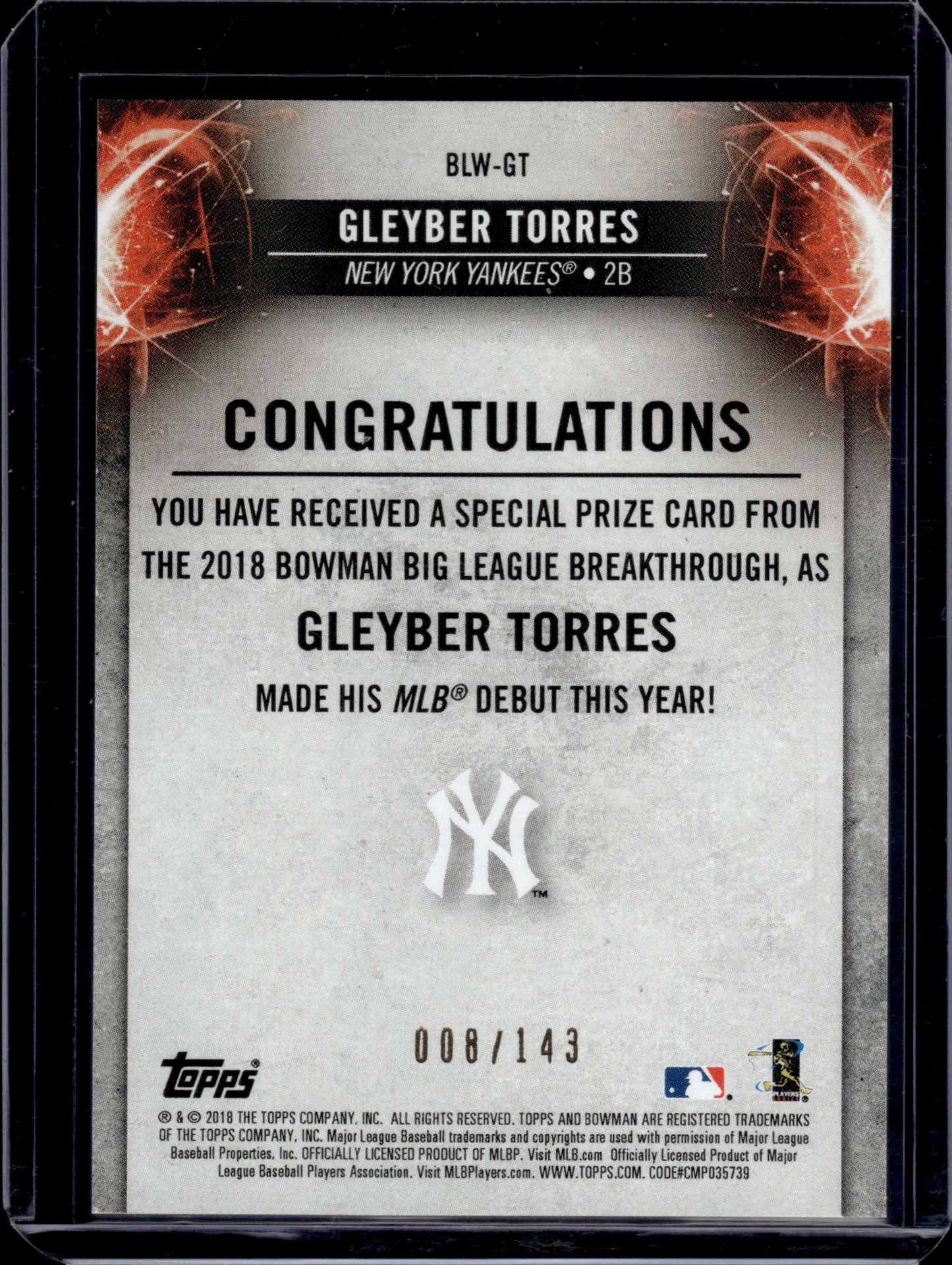 2018 Bowman Big League Breakthrough Gleyber Torres #BLW-GT RC 008/143
