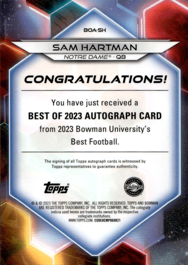 2023 Bowman University Best Sam Hartman #BOA-SH Red 05/10