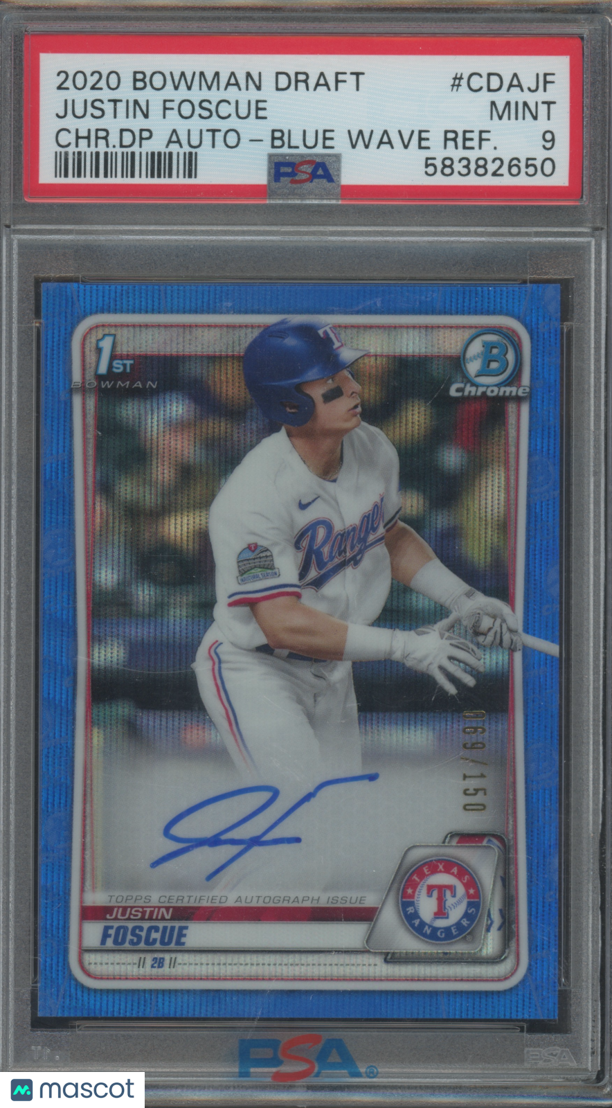 2020 Bowman Chrome Draft Pick Autos Justin Foscue #CDAJF Blue Wave PSA 9