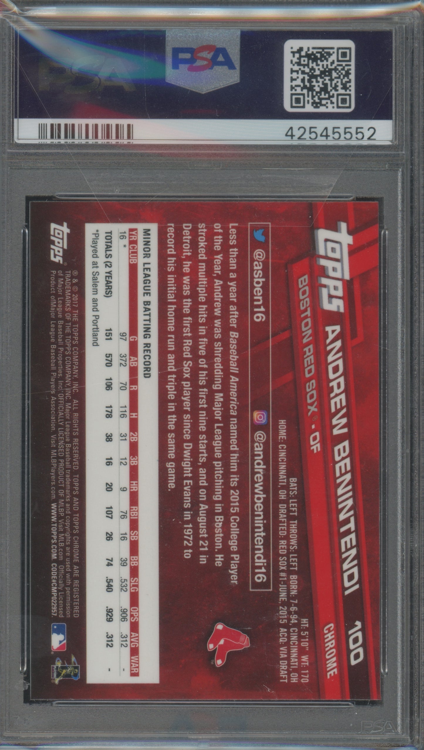 2017 Topps Chrome Andrew Benintendi #100 Blue Jersey Refractor Rookie PSA 10
