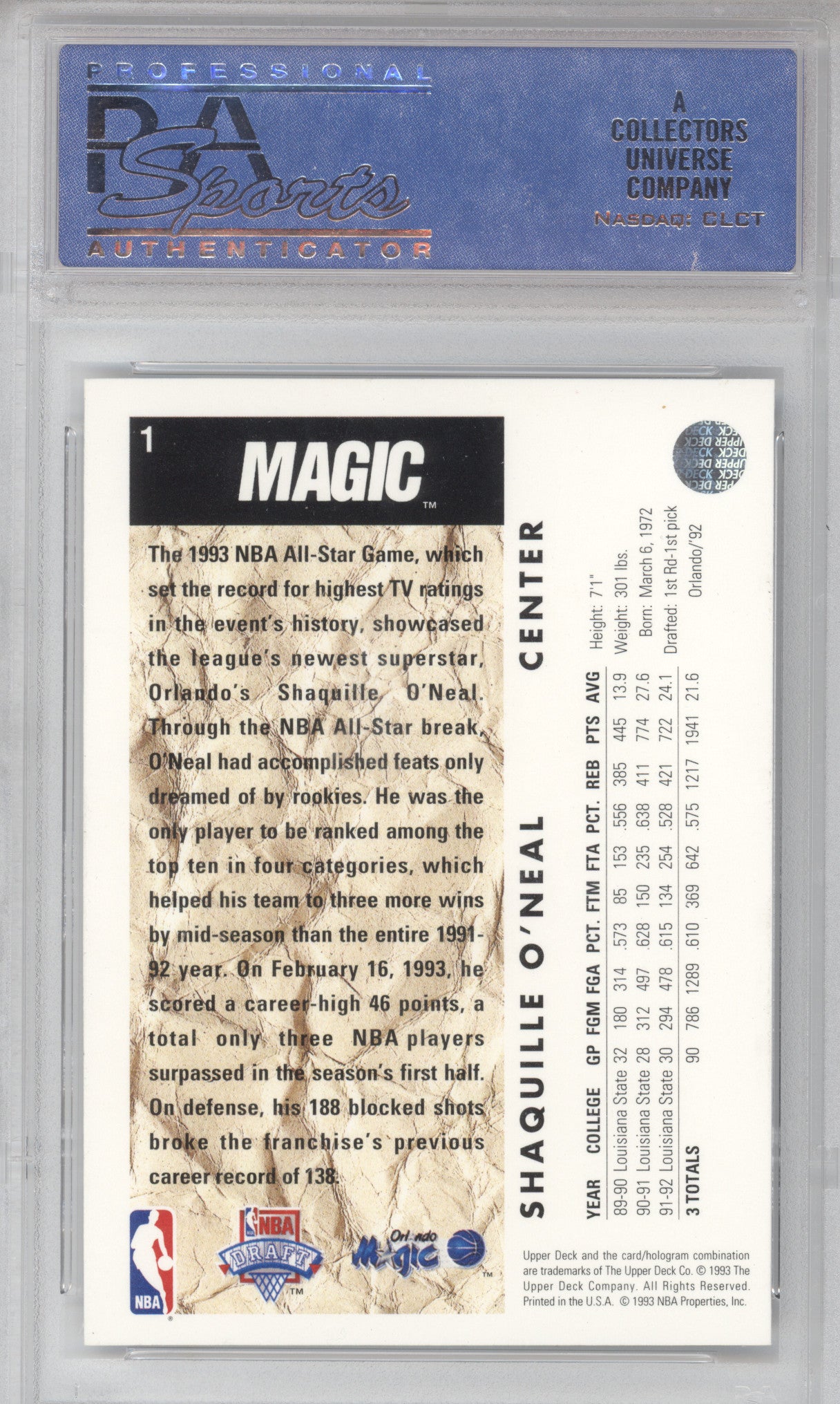 1992 Upper Deck Shaquille O'Neal #1 Draft Pick PSA 9