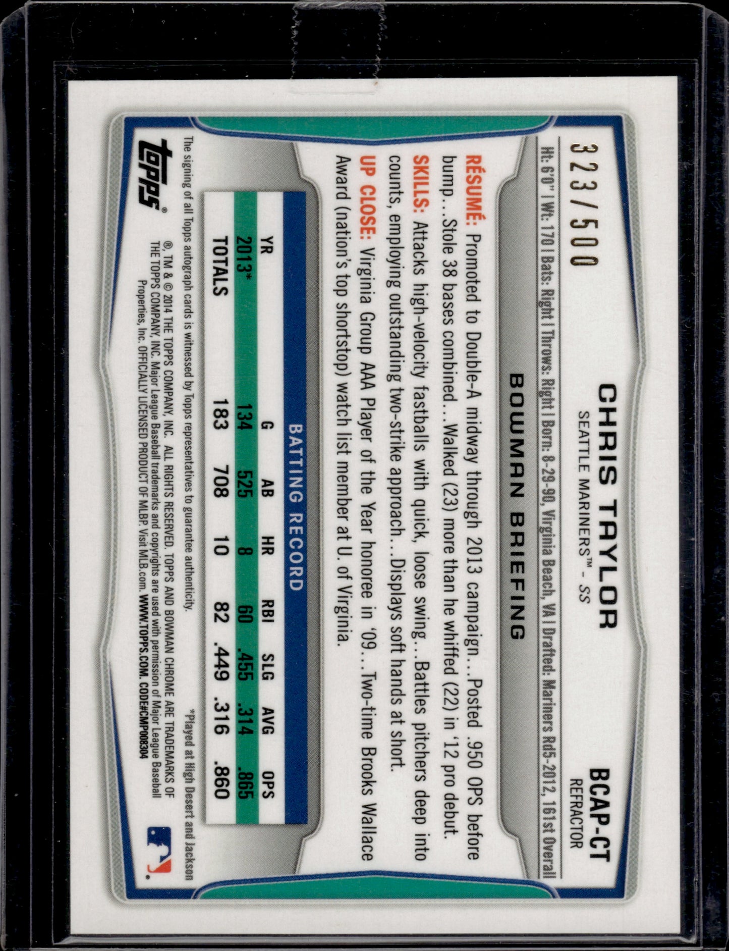 2014 Bowman Chrome Prospect Autographs Chris Taylor #BCAP-CT 323/500