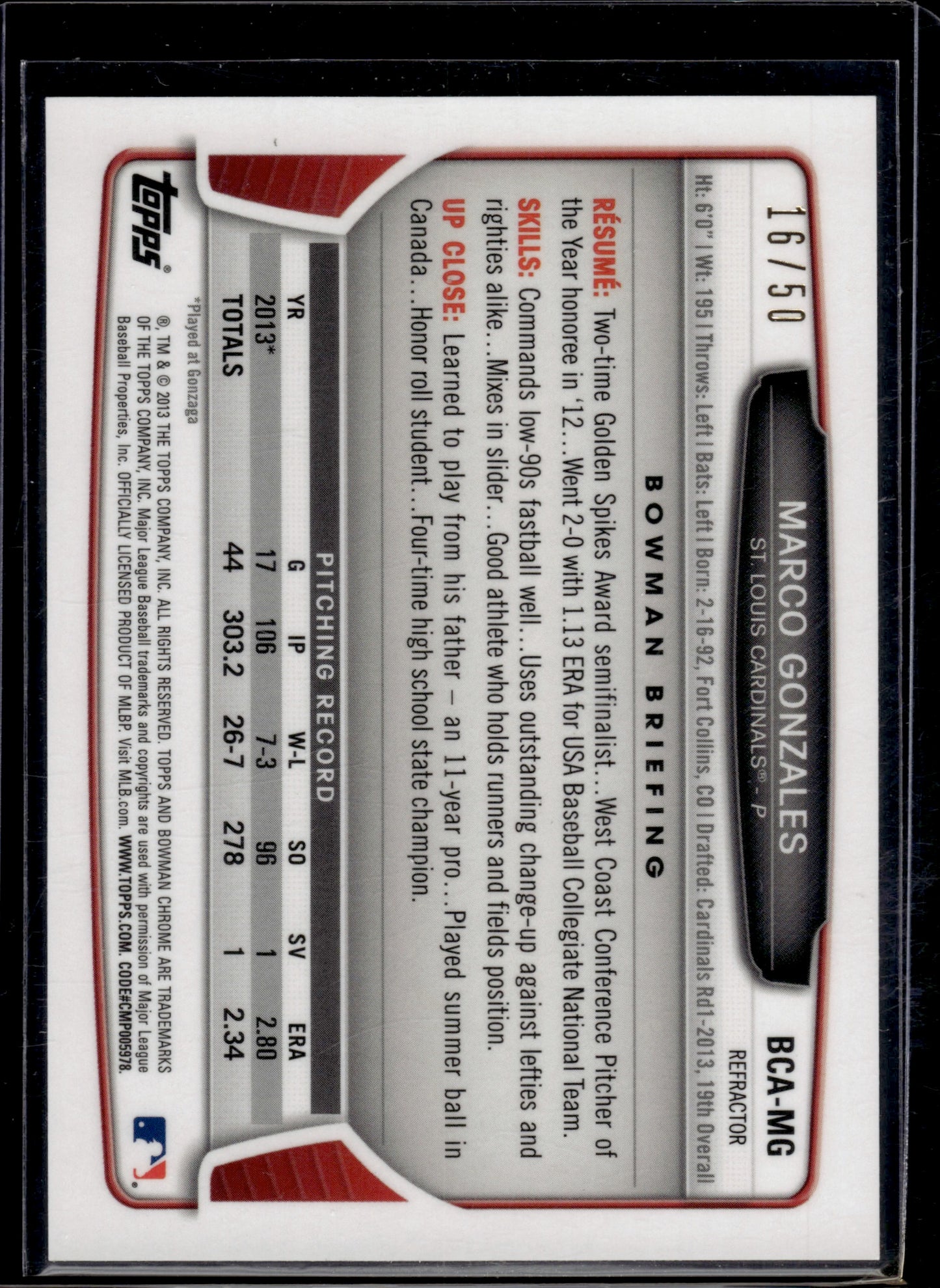 2014 Bowman Chrome Marco Gonzales #BCA-MG 16/50