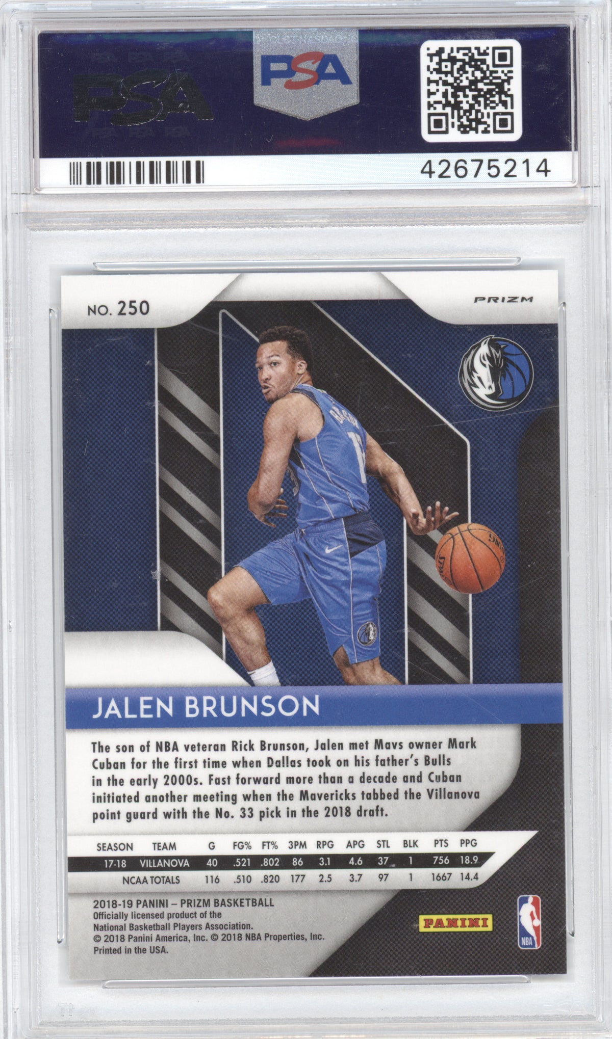 2018 Panini Prizm Jalen Brunson #250 Silver RC PSA 10