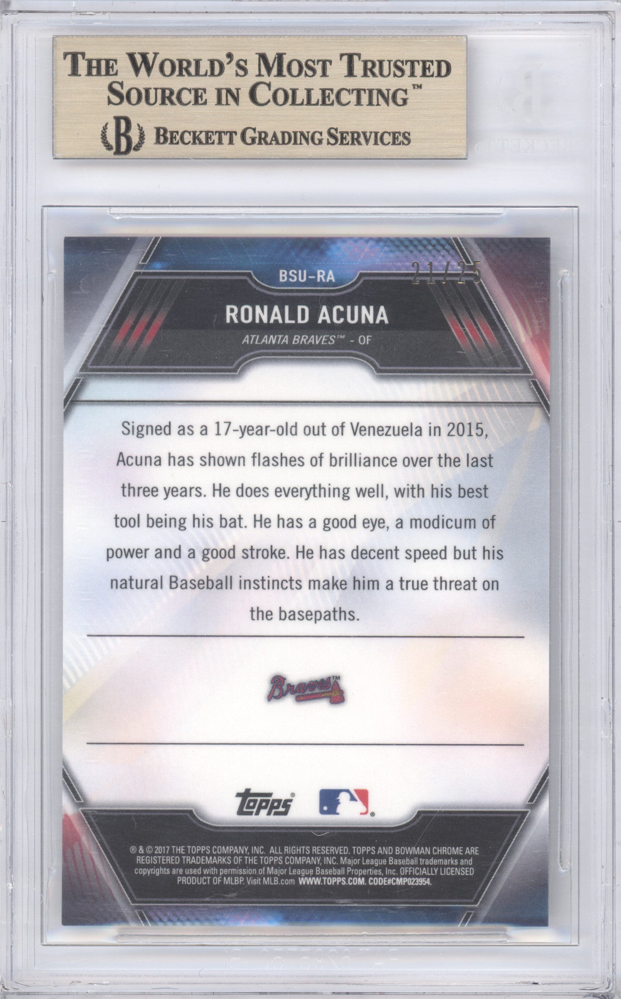 2017 Bowman Chrome Scouts Top 100 Ronald Acuna #BSURA Orange 21/25 BGS 9.5