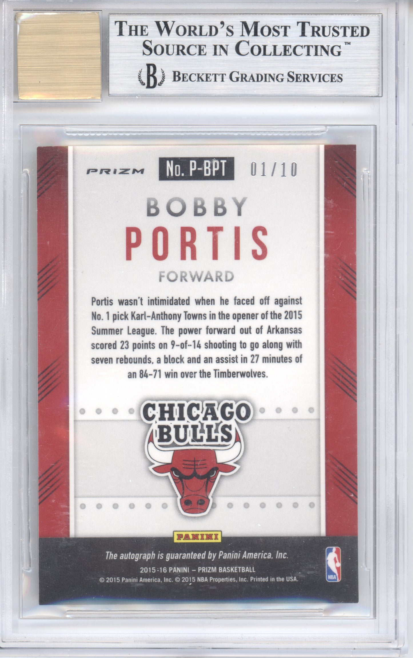 2015 Panini Prizm Bobby Portis P-BPT Gold Prizm Autograph 01/10 RC BGS 9 Auto 10