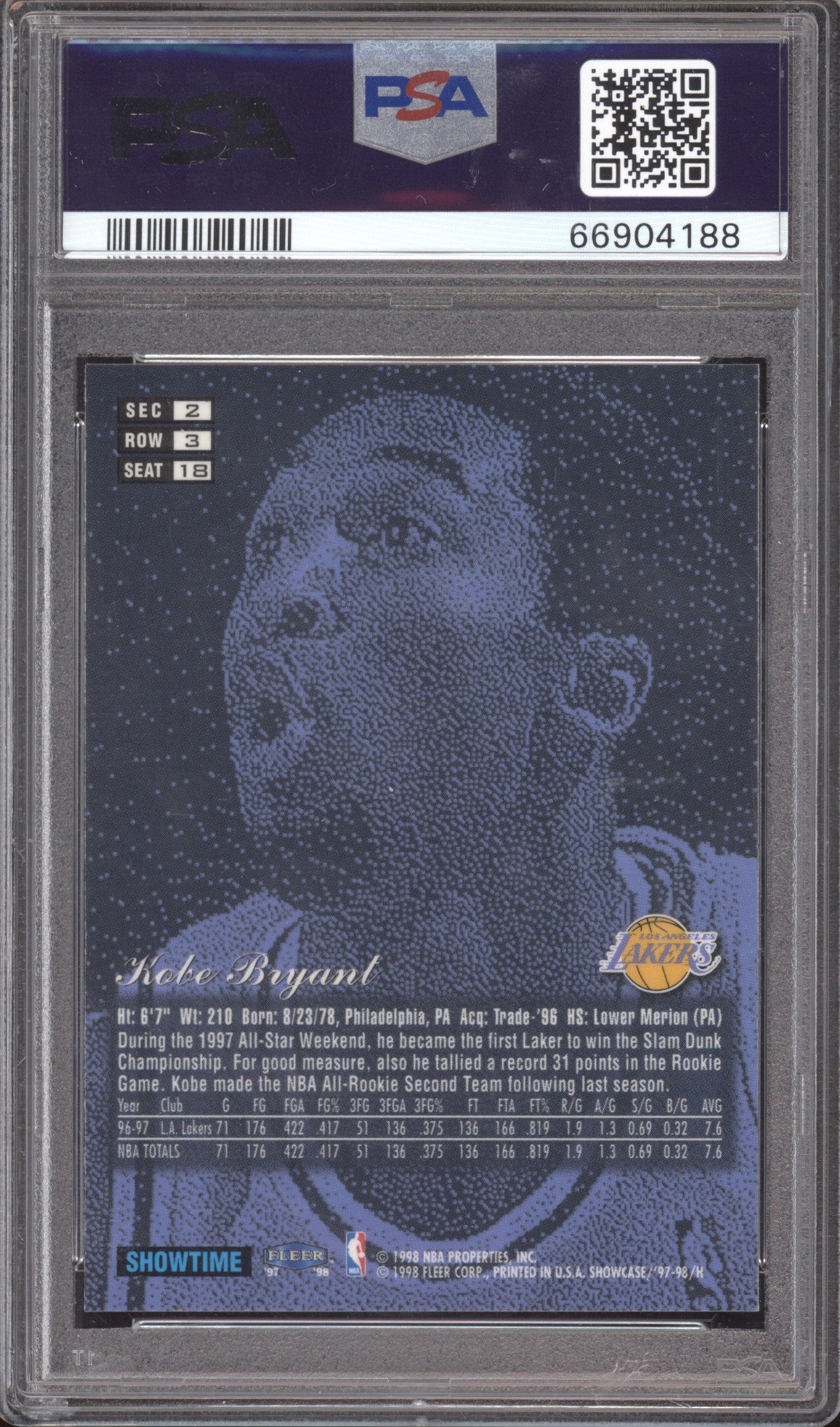 1997 Flair Showcase Kobe Bryant #18 Row 3 PSA 8