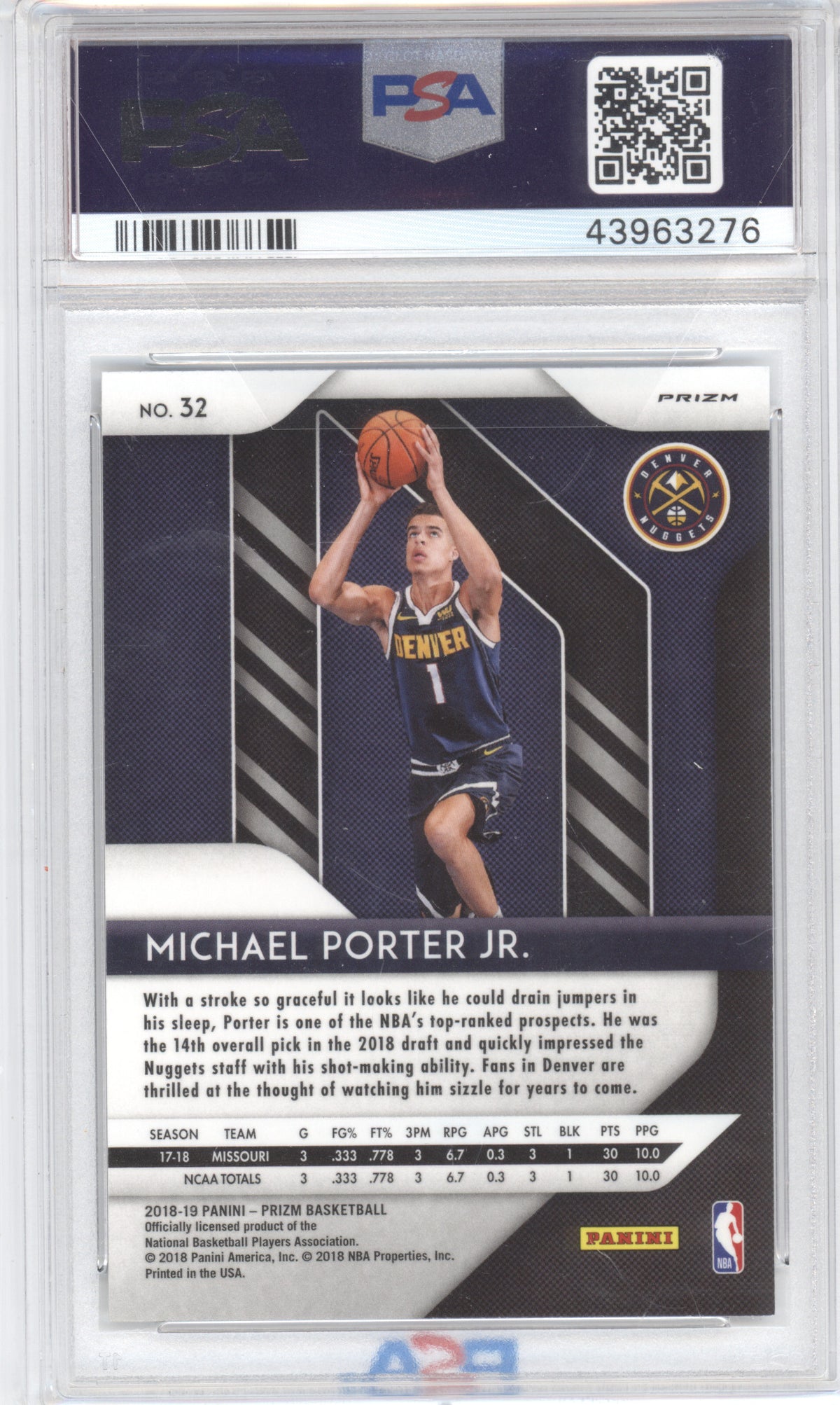 2018 Panini Prizm Michael Porter Jr. #32 Silver RC PSA 10