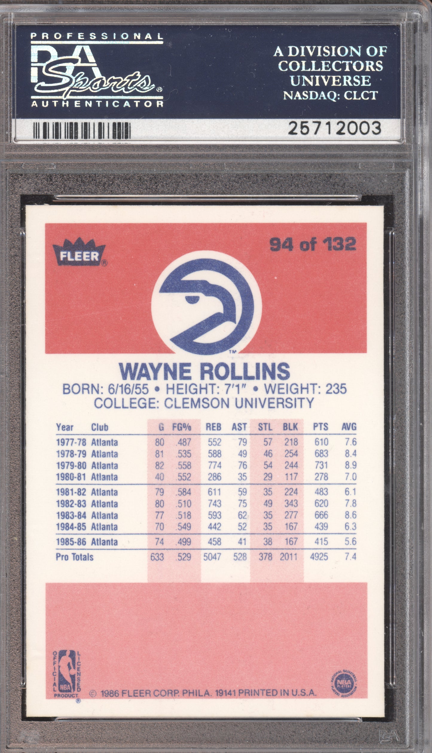 1986 Fleer Basketball Wayne Rollins #94 PSA 10