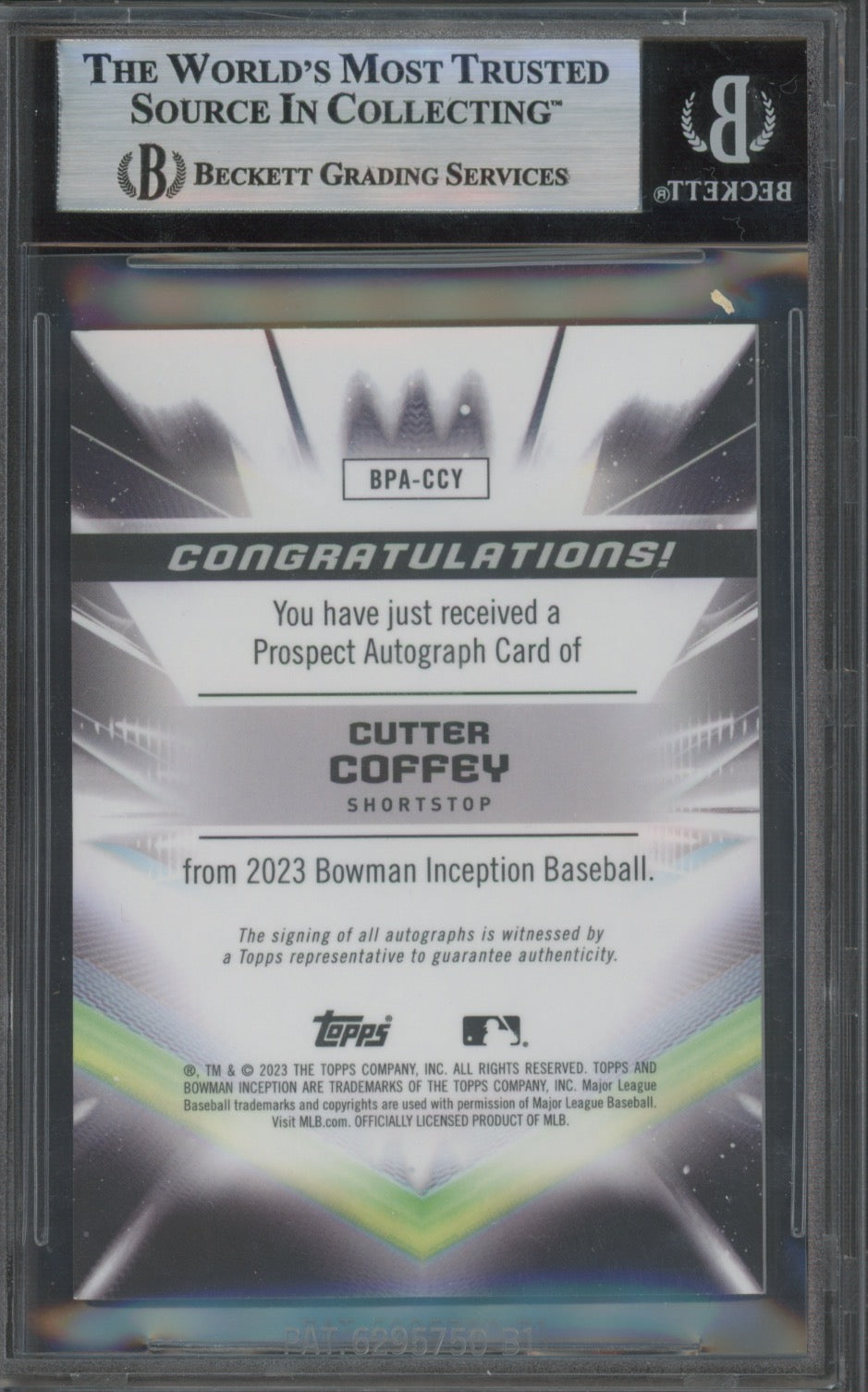 2023 Bowman Inception Cutter Coffey Autographs Gold Foil /50 BGS 9 Auto 9