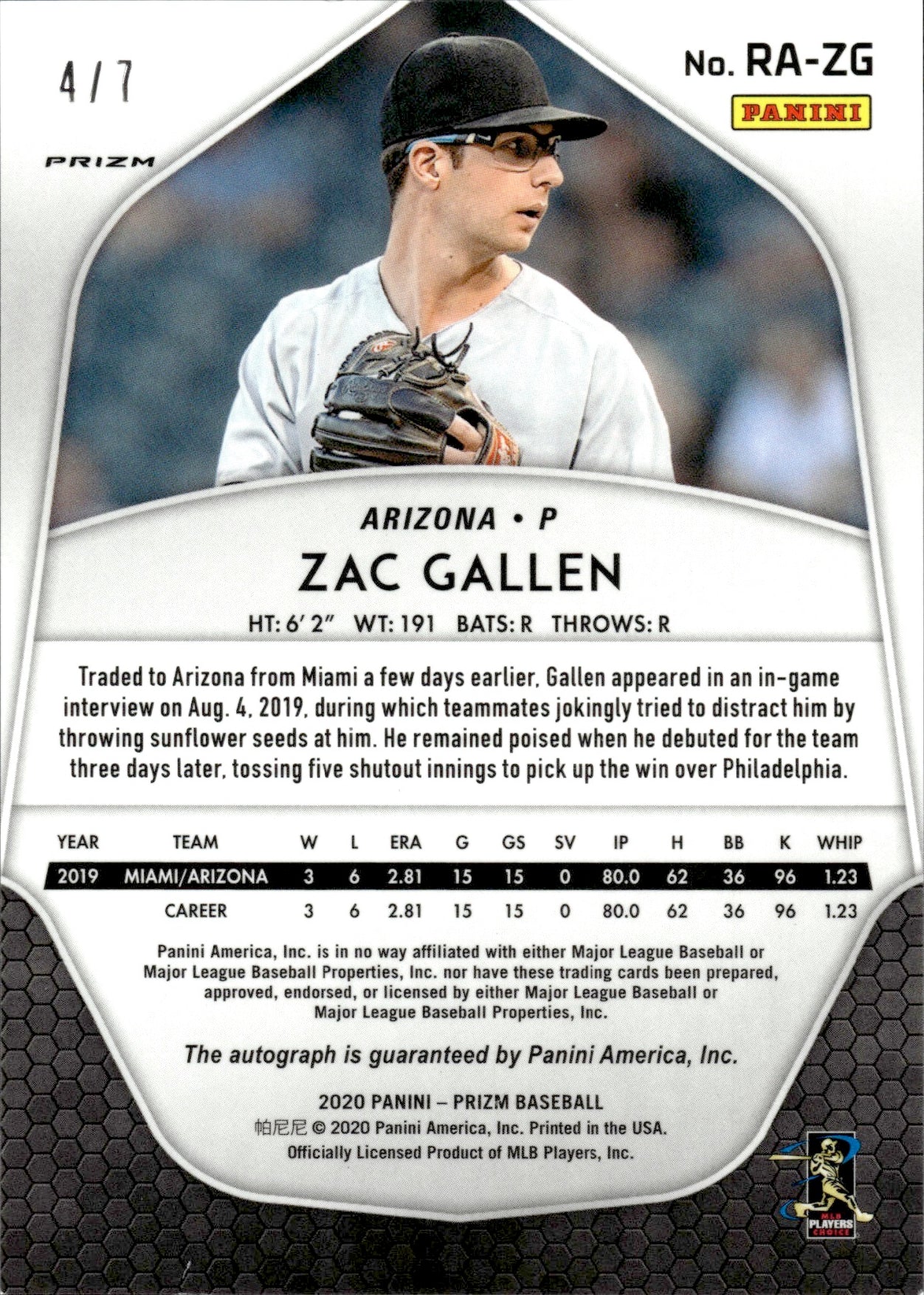 2020 Panini Prizm Zac Gallen #RA-ZG Purple Shimmer RC 4/7
