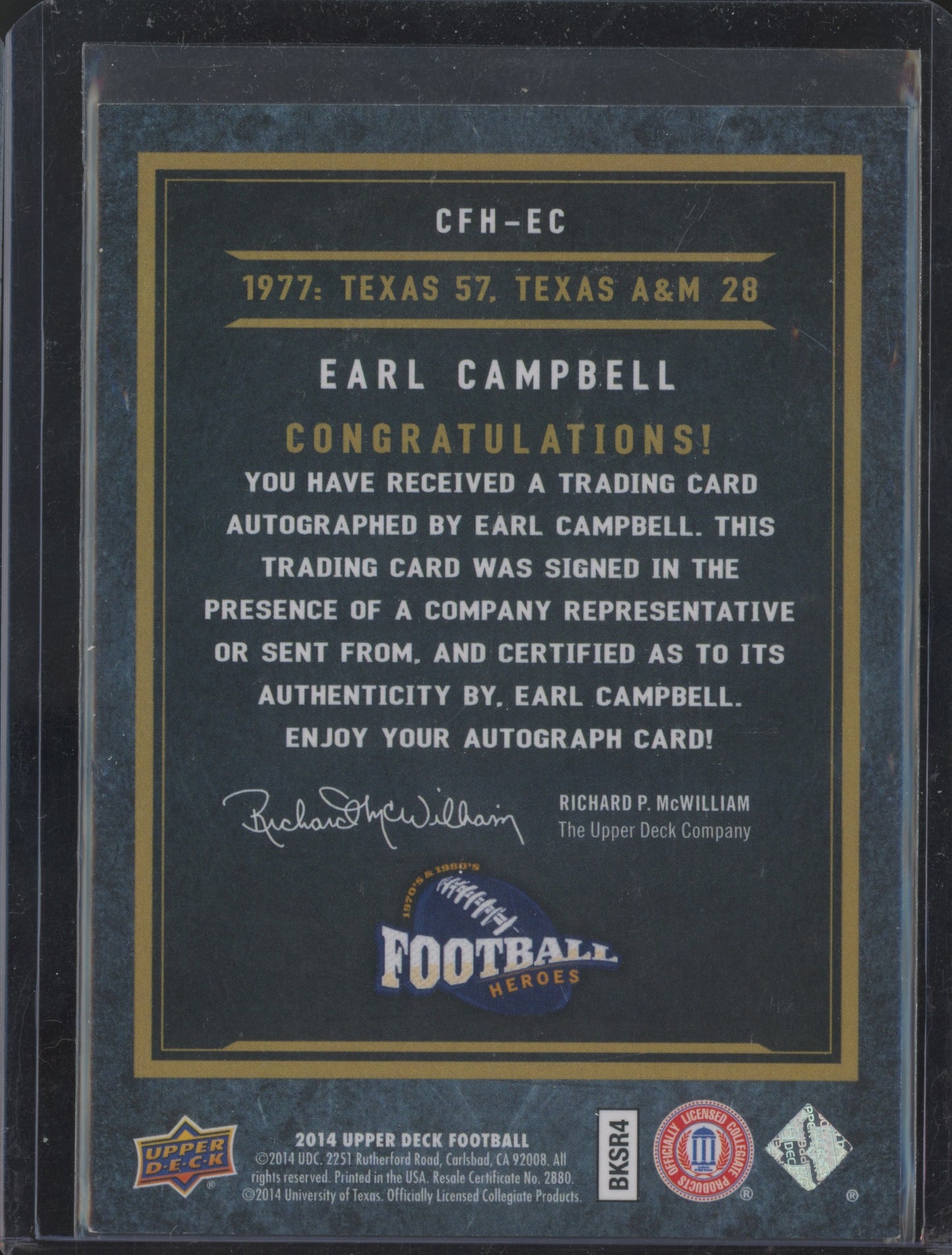 2014 Upper Deck Football Heroes Earl Campbell #CFH-EC Autograph