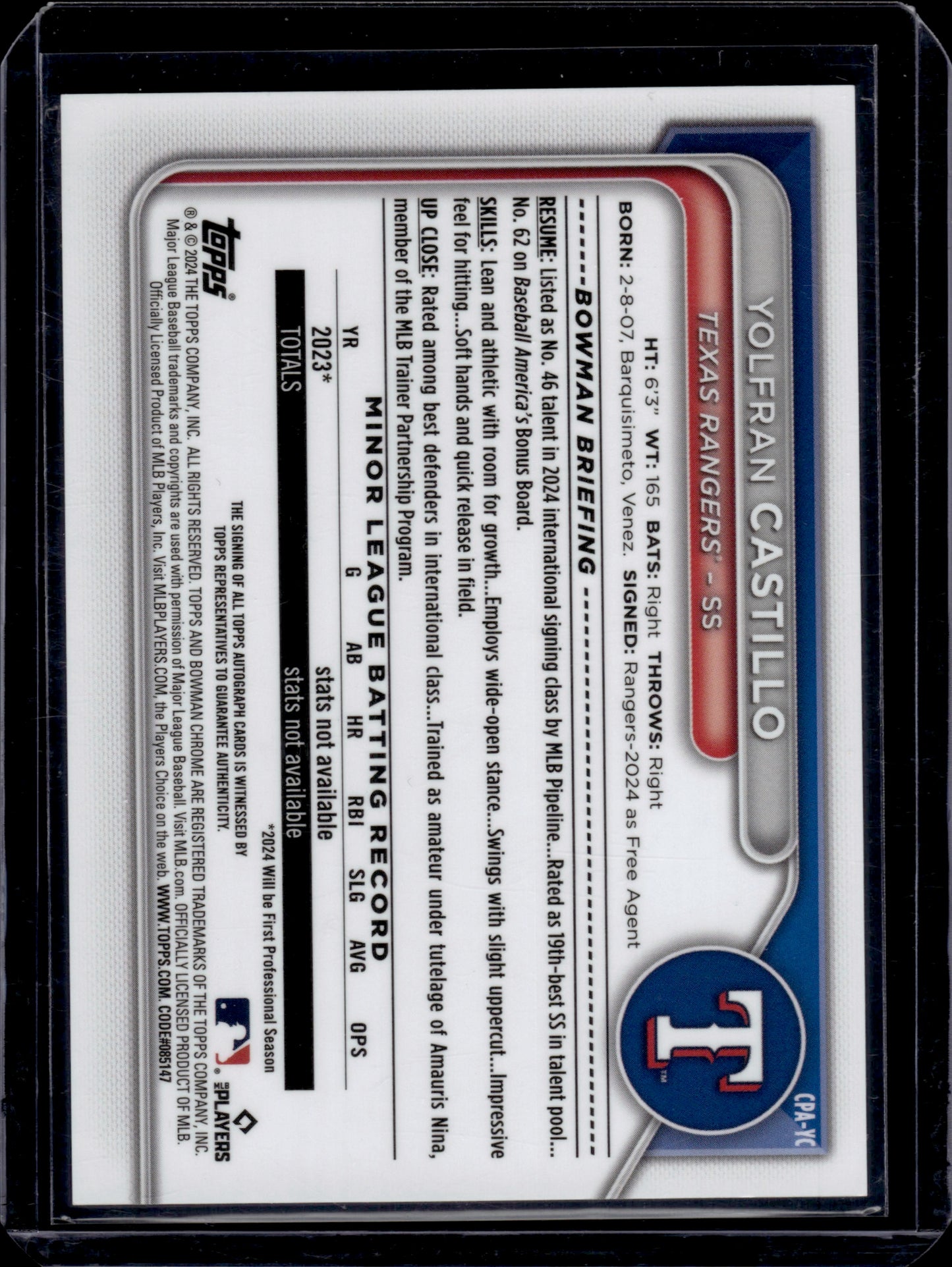 2024 Bowman Chrome Yolfran Castillo #CPA-YC Green RayWave 10/99