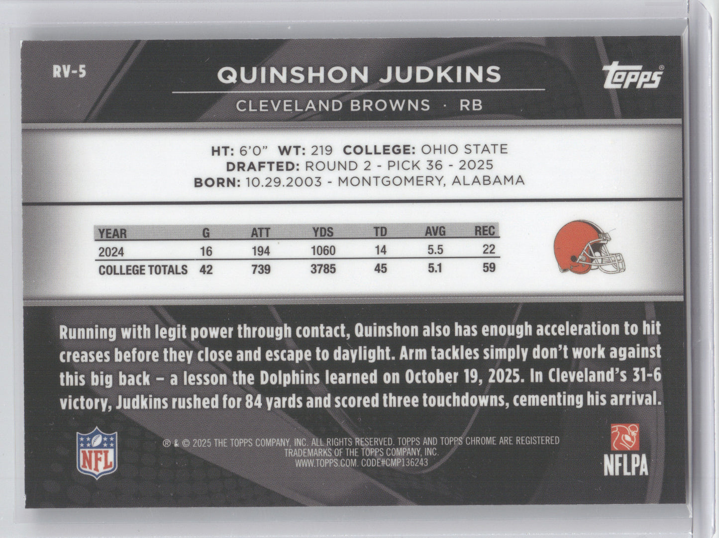 2025 Topps Chrome Black Quinshon Judkins #RV-5 Gold RC 16/50
