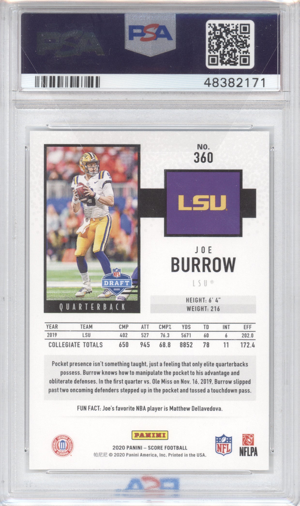 2020 Panini Score Joe Burrow #360 PSA 10