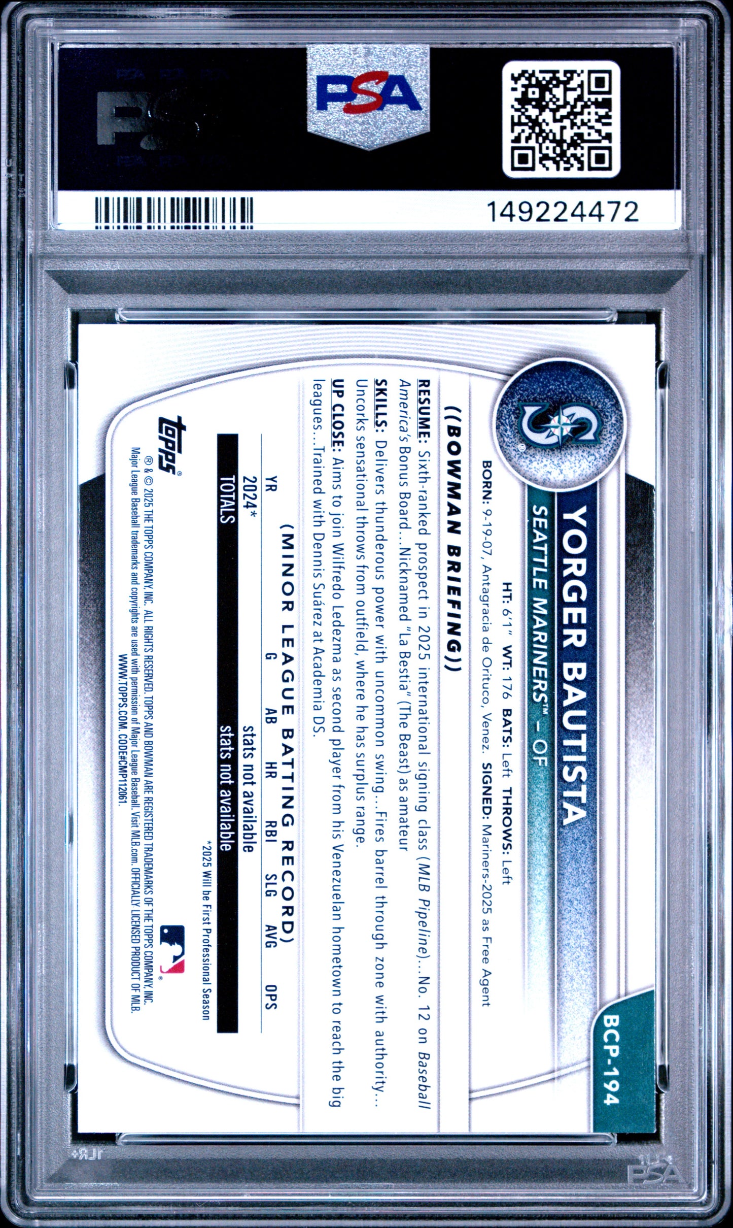 2025 Bowman Chrome Prospects Yorger Bautista Fuchsia Geometric /299 PSA 9