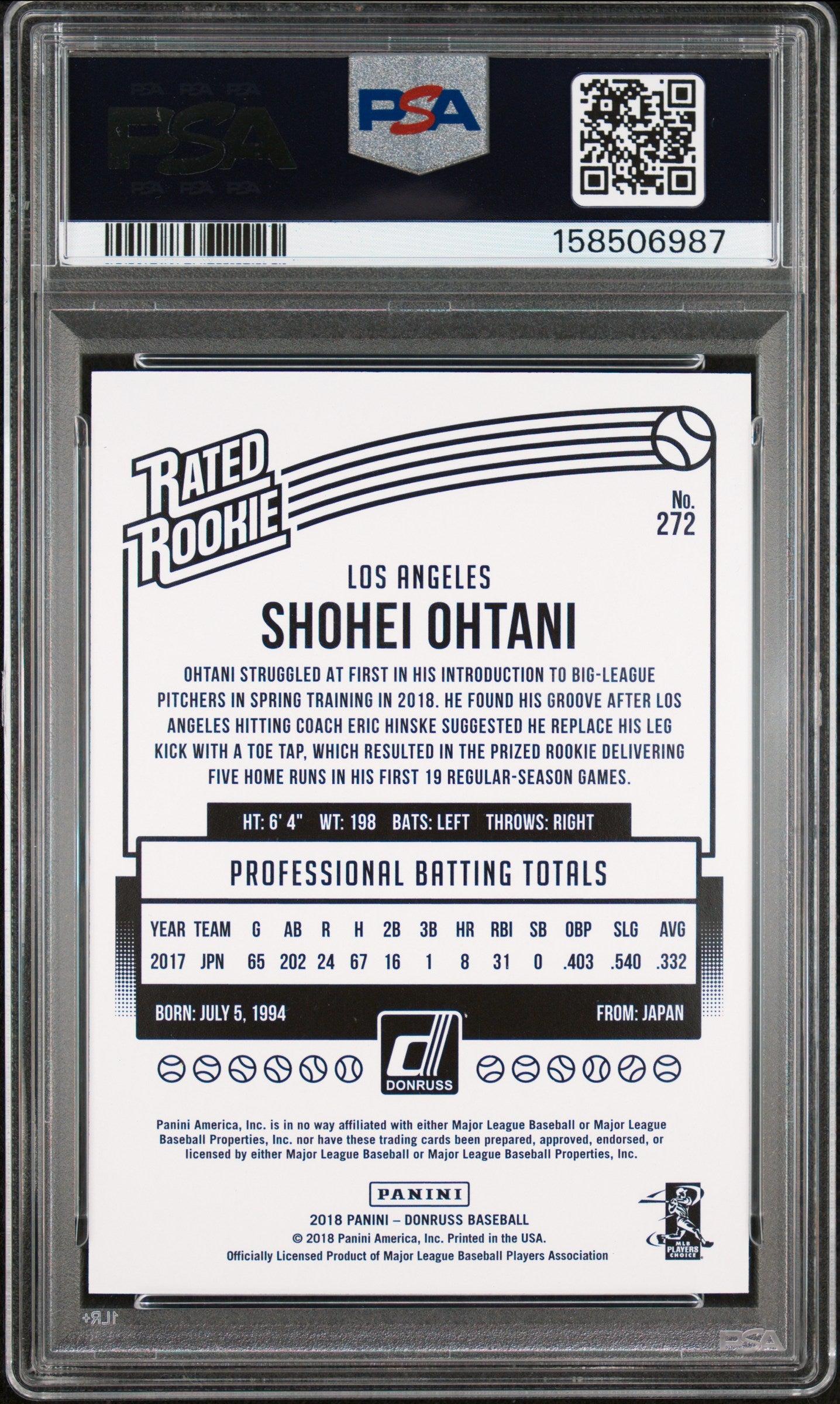 2018 Panini Donruss Rated Rookies Shohei Ohtani #272 Teal 145/199 PSA 8