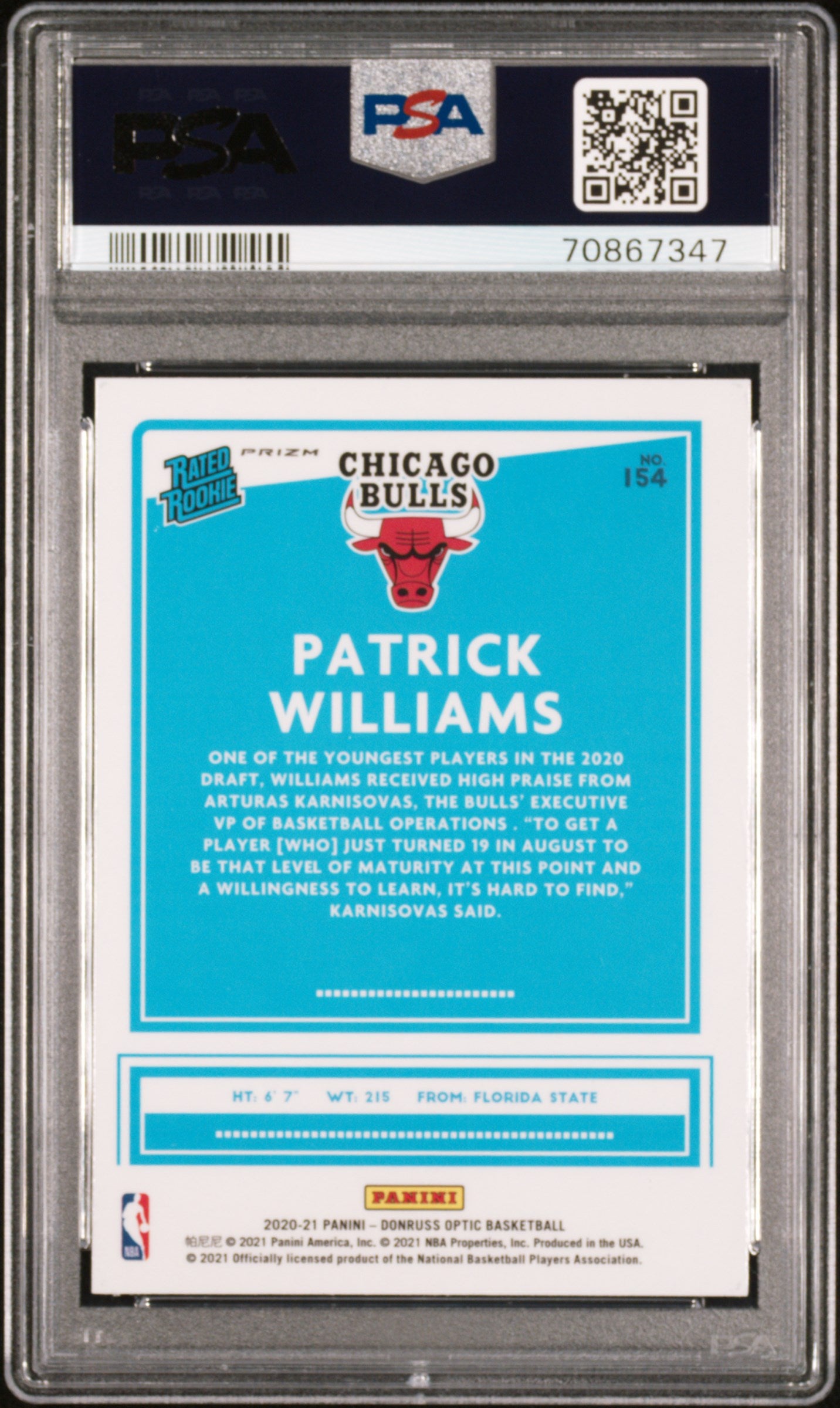 2020 Panini Donruss Optic Patrick Williams #154 Blue Velocity PSA 10