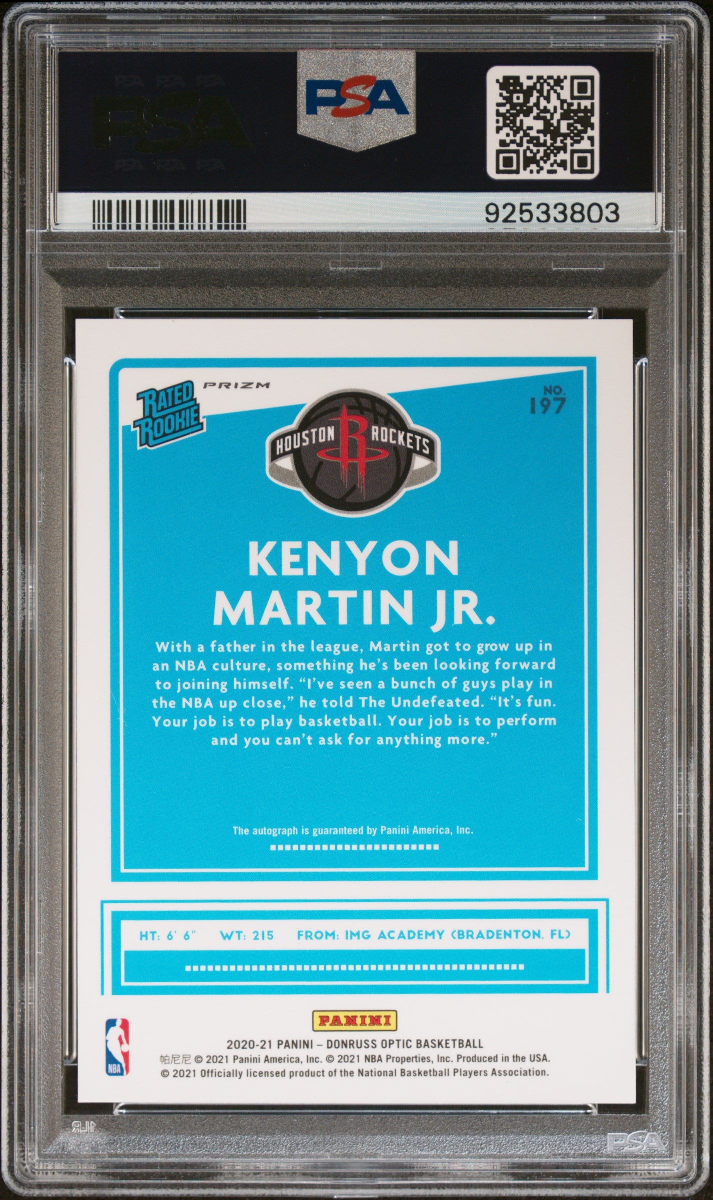 2020 Panini Donruss Optic Kenyon Martin JR. #197 Autograph Fast Break PSA 9