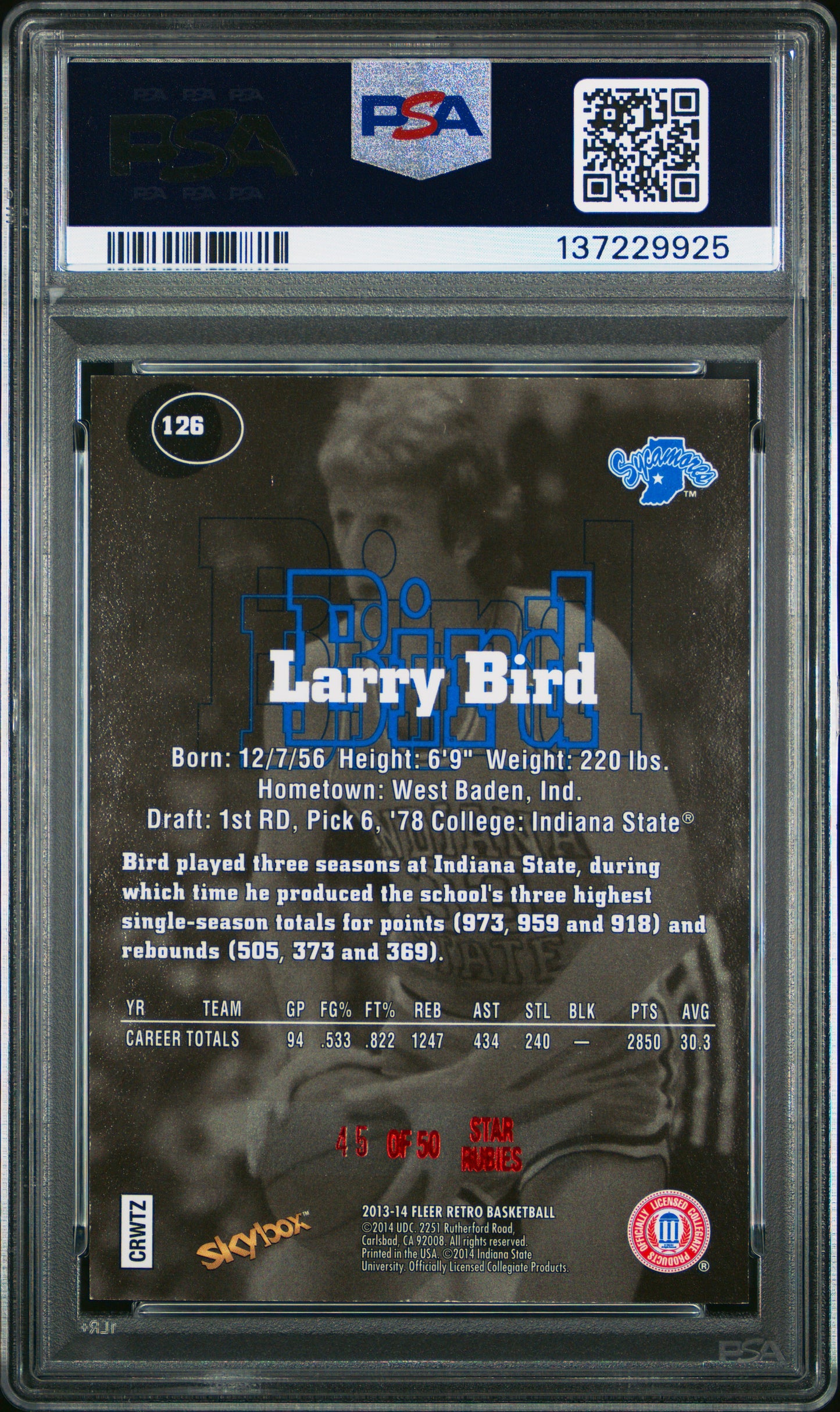 2013 Fleer Retro Larry Bird #126 '97 Skybox Prem STR. Rubies 45/50 PSA 8