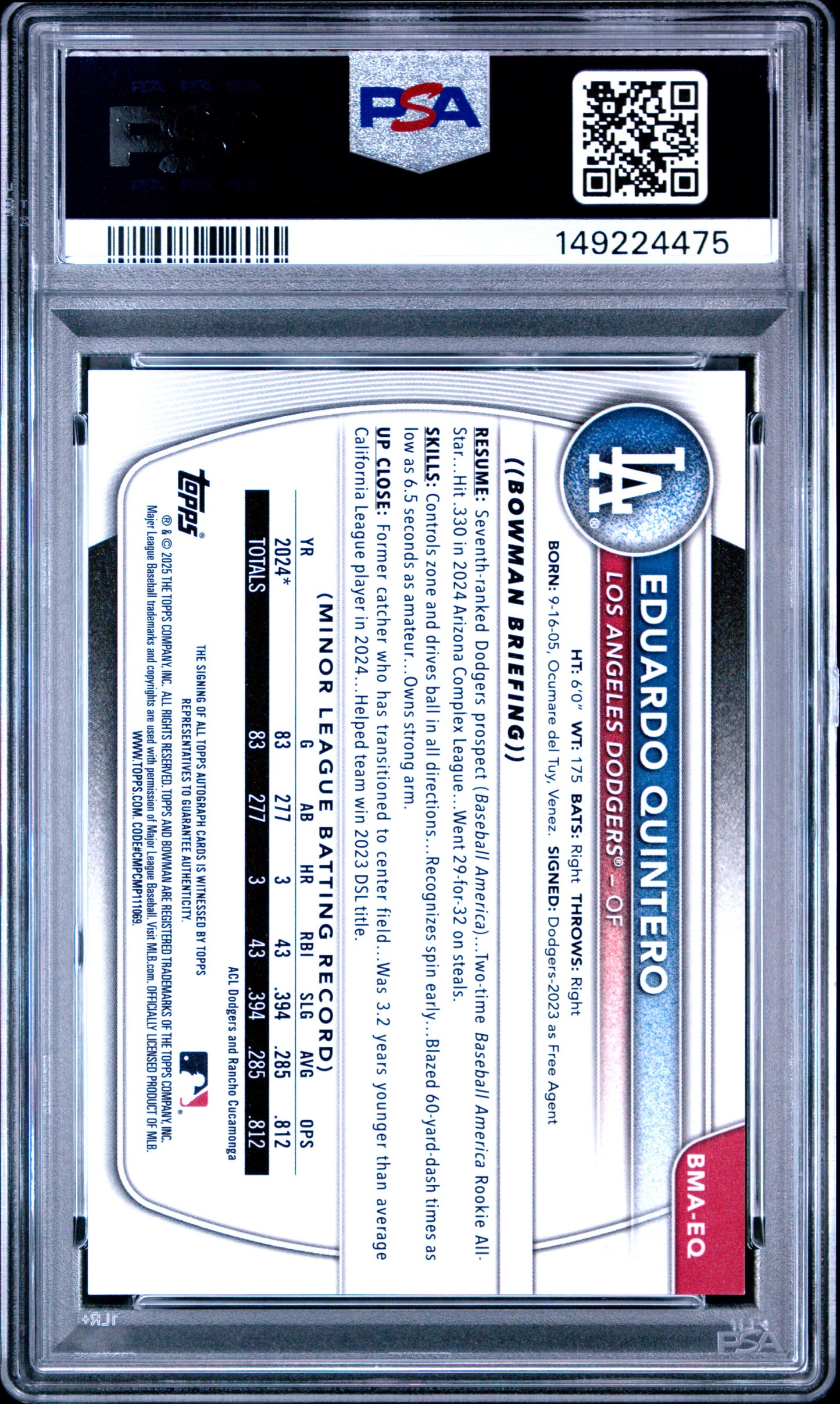 2025 Bowman Chrome Mega Box Chrome Prospects Auto Eduardo Quintero #EQ PSA 10