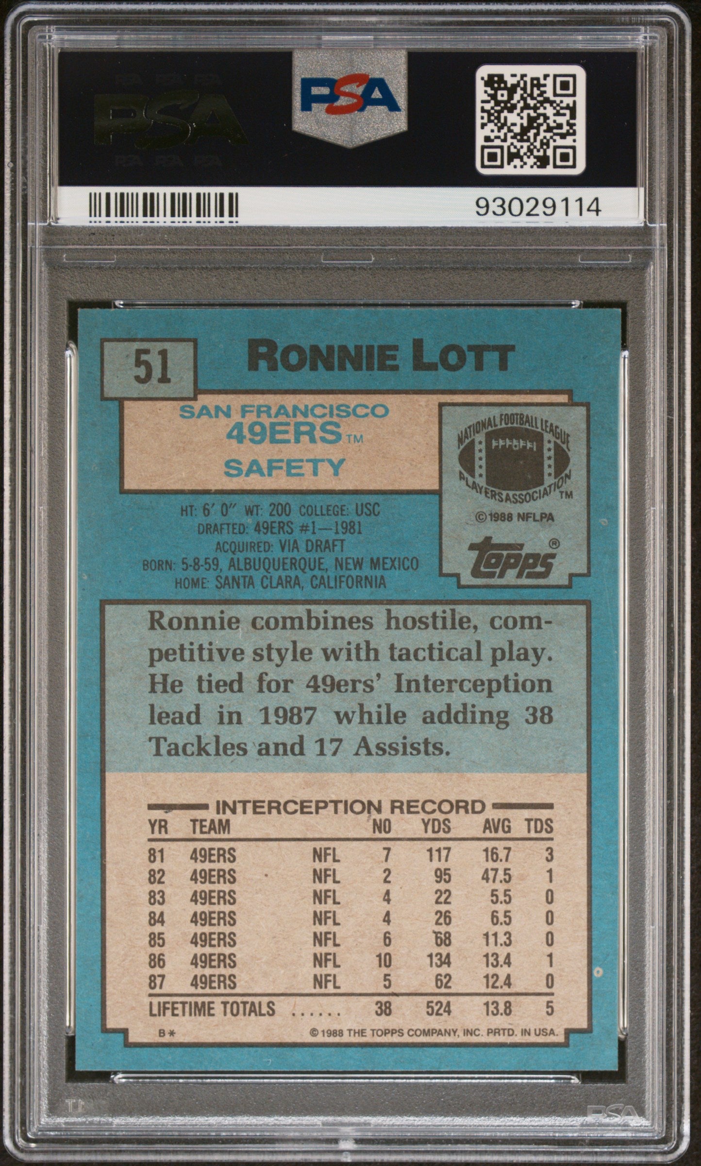 1988 Topps Ronnie Lott #51 PSA 10