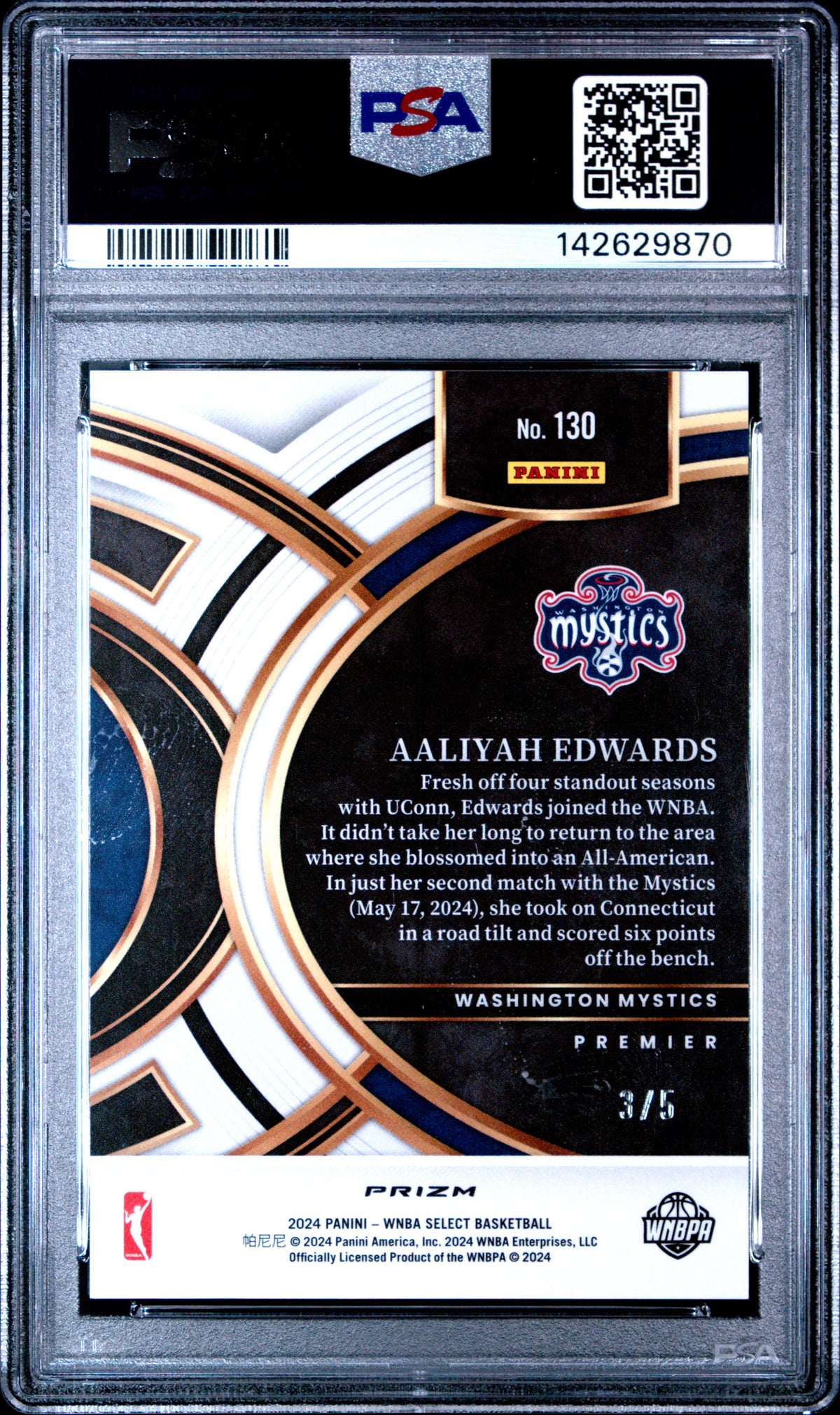 2024 Panini Select WNBA Aaliyah Edwards #130 Black Gold Prizm RC 3/5 PSA 10