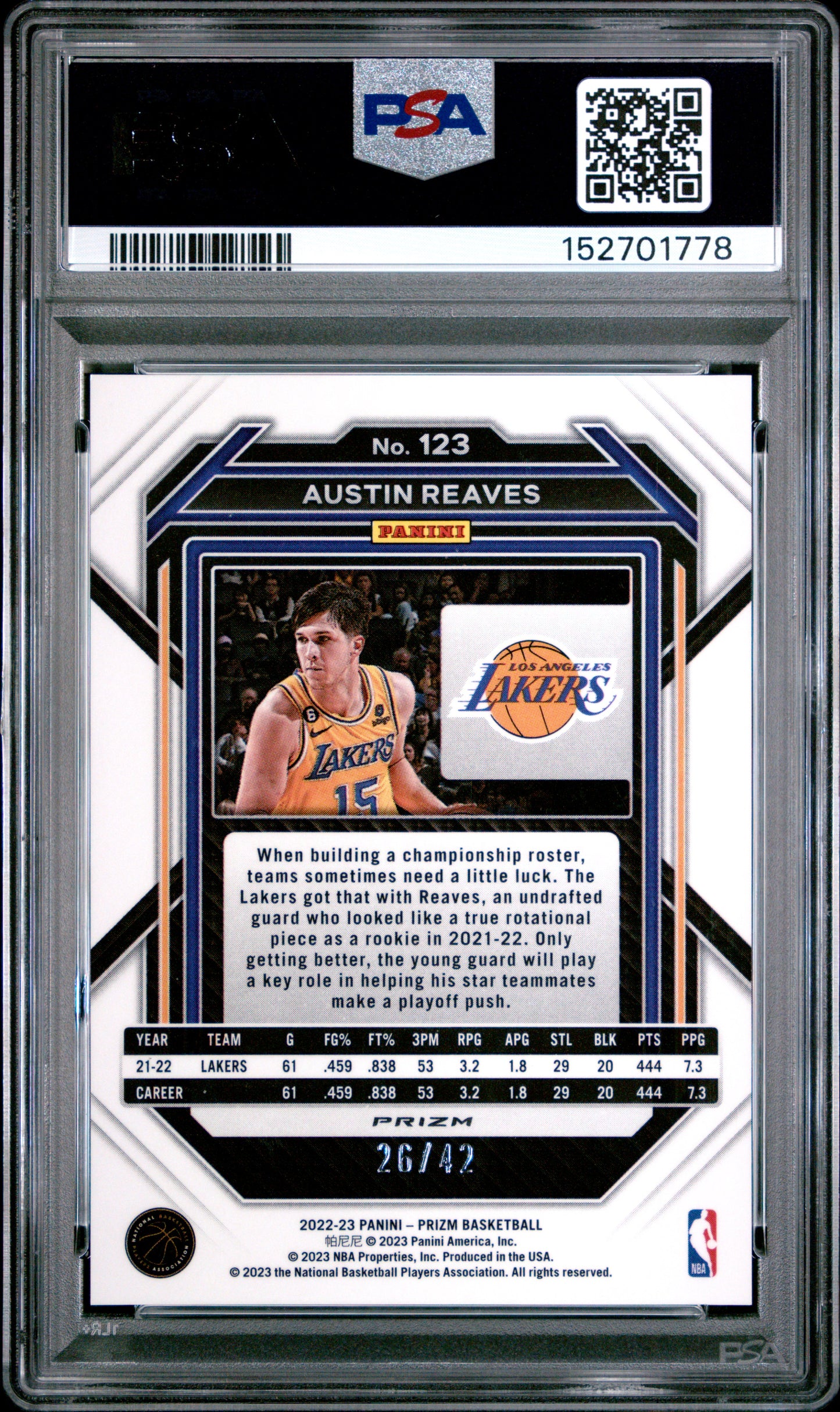 2022 Panini Prizm Austin Reaves #123 Pink Pulsar 26/42 PSA 8