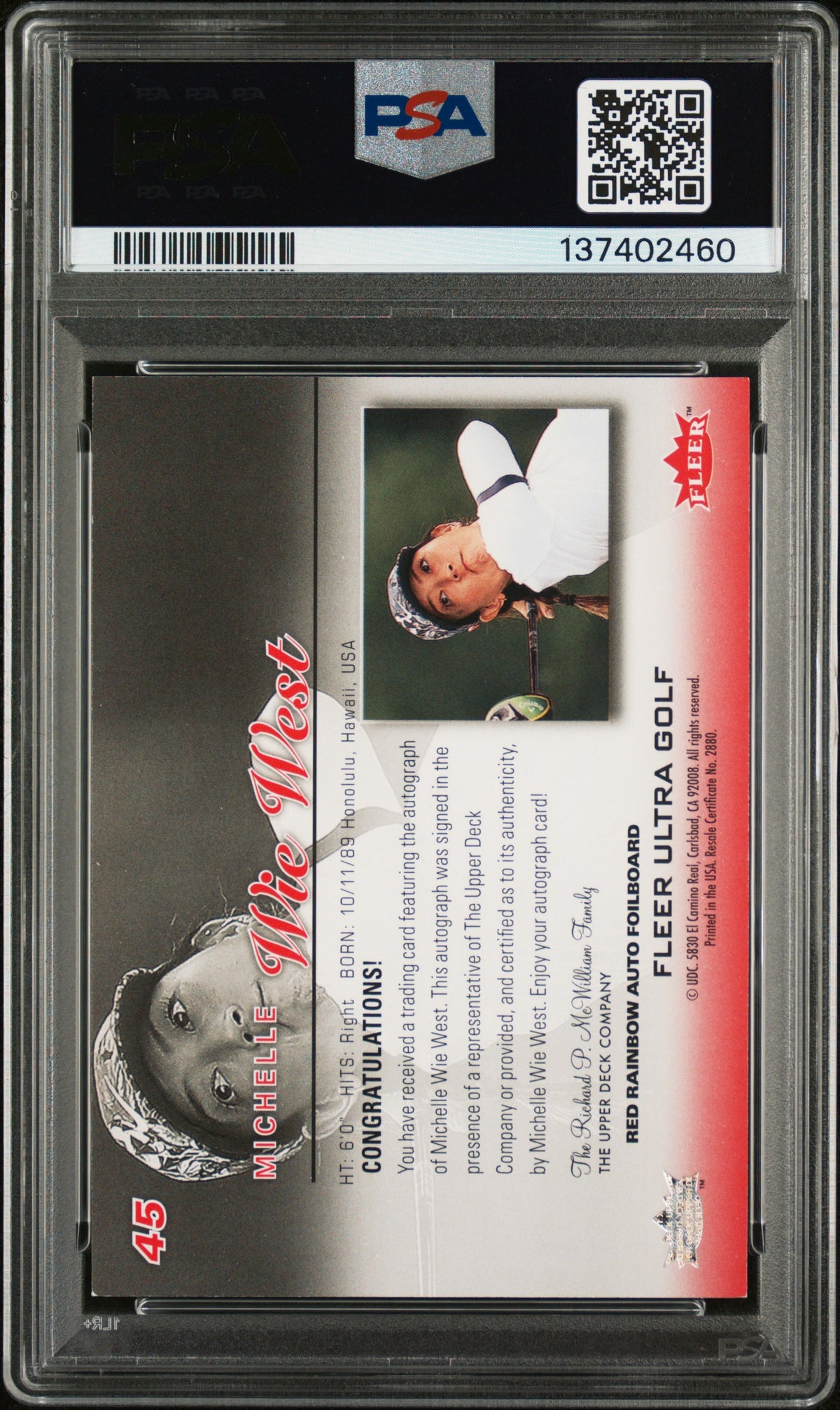 2023 Fleer Ultra Golf Michelle Wie West #45 Red Rainbow Auto 03/25 PSA 9 Auto 10