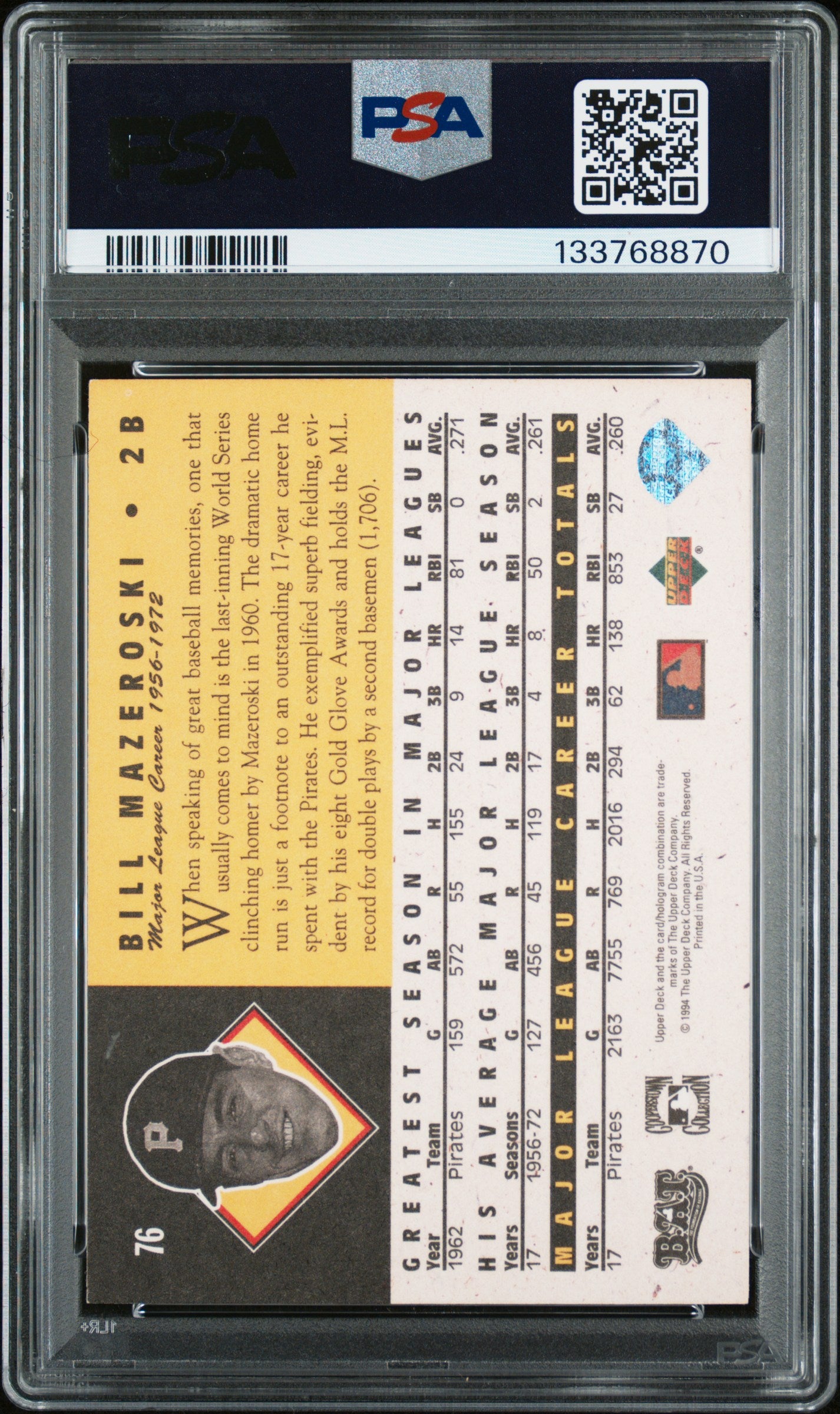1994 Upper Deck All-Time Heroes Bill Mazeroski #76 Autograph PSA A Auto A