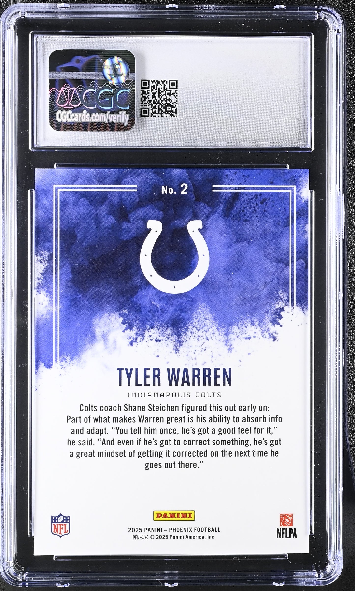 2025 Panini Phoenix Football Tyler Warren #2 Color Blast RC CGC 9.5