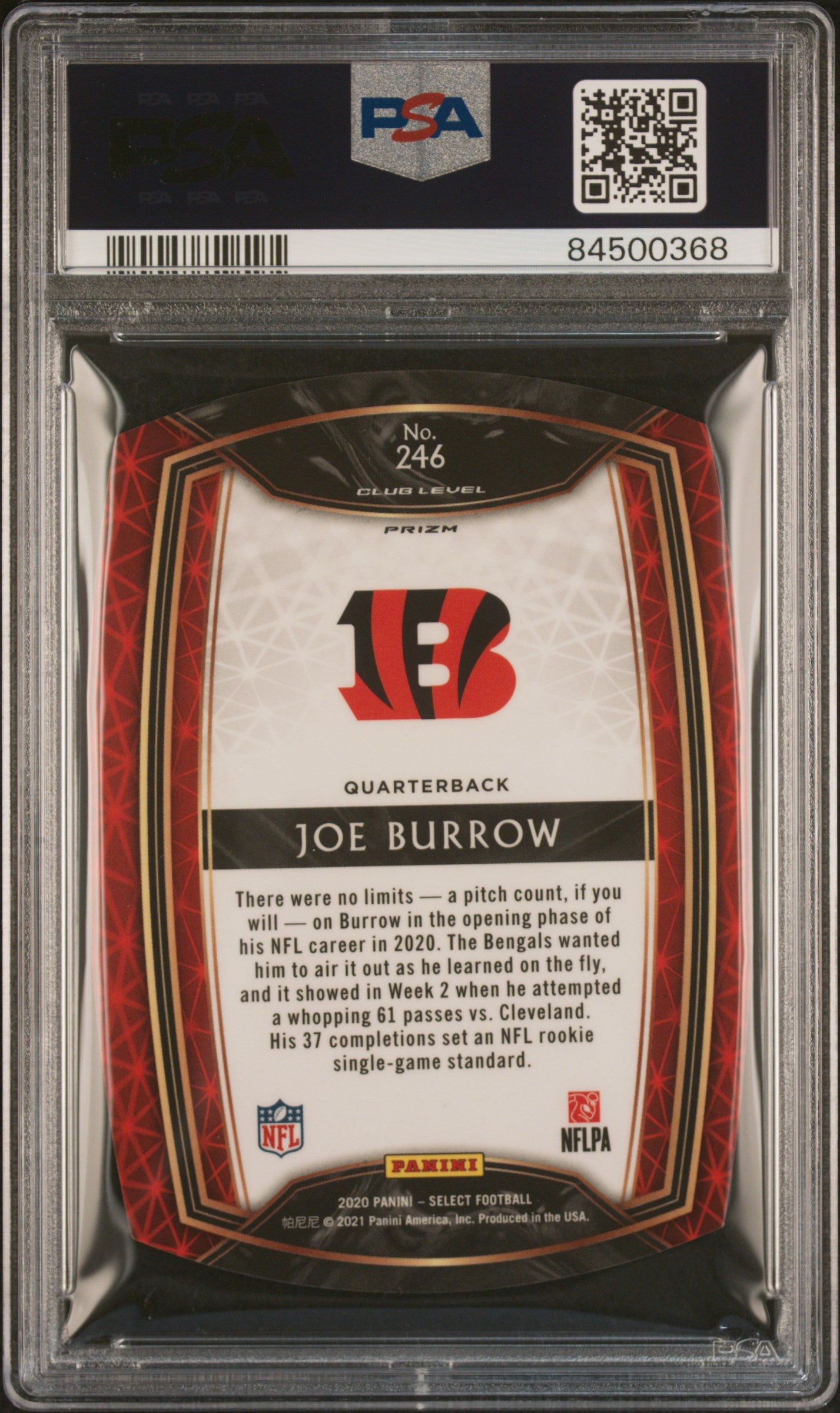 2020 Panini Select Joe Burrow #246 Die Cut Orange Prizm RC PSA 10