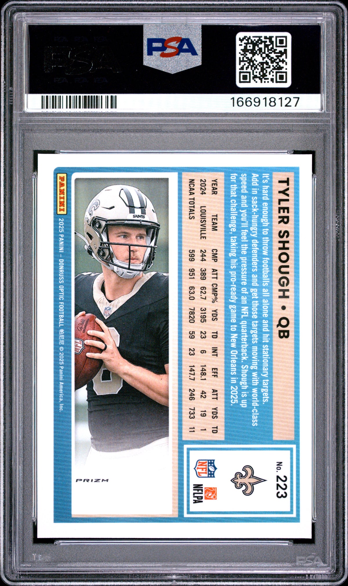 2025 Donruss Optic Rated Rookie Tyler Shough #223 Purple Shock PSA 10