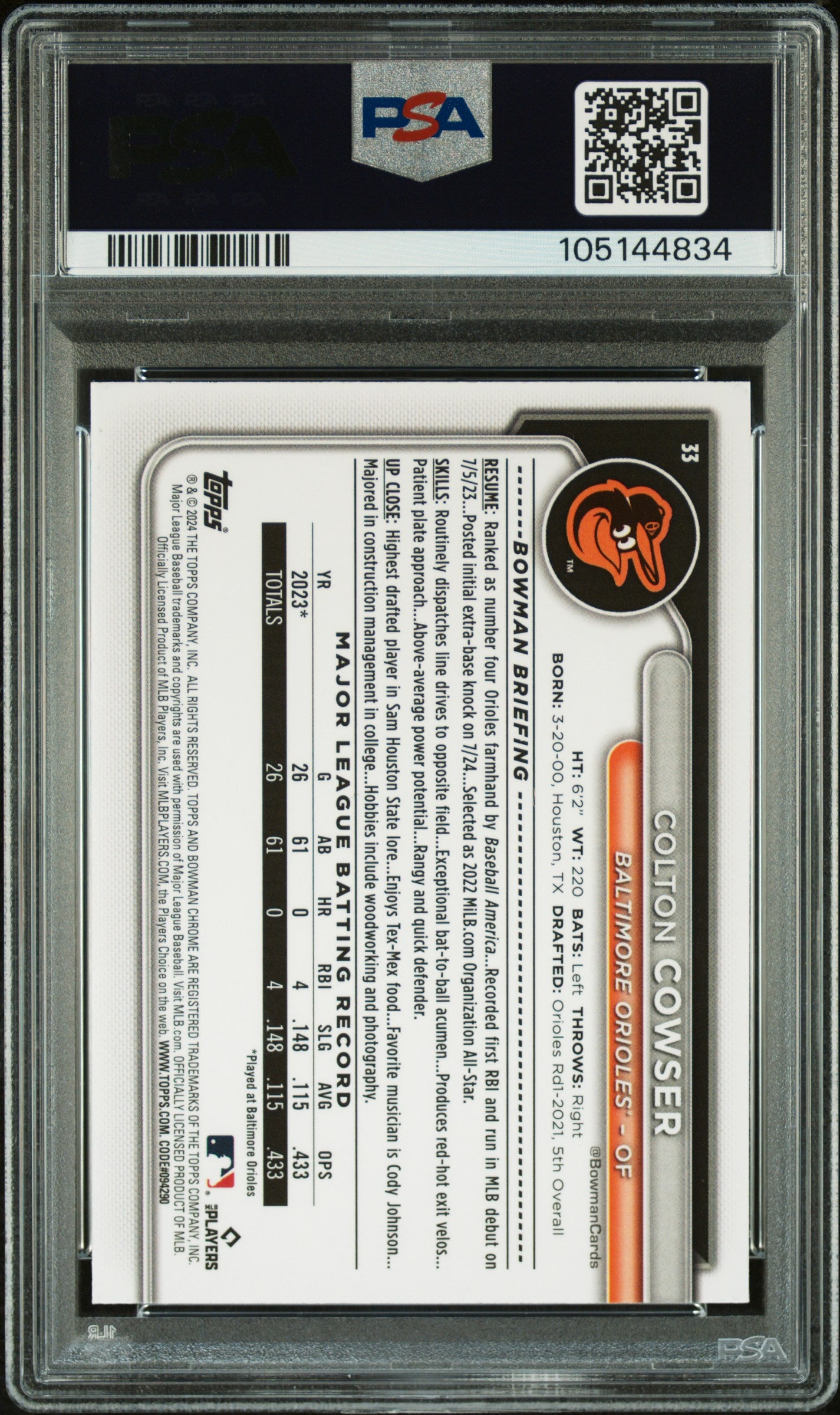 2024 Bowman Chrome Mega Box Colton Cowser #33 PSA 10