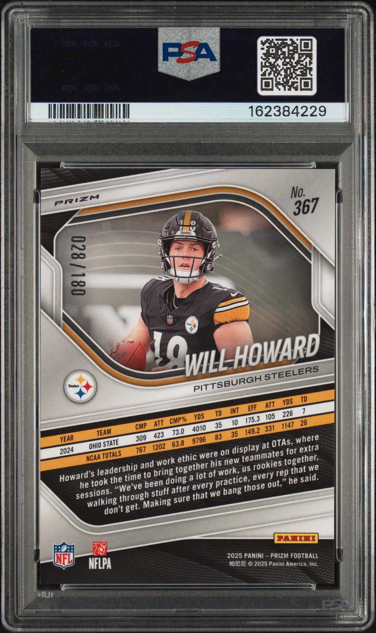 2025 Panini Prizm Will Howard #367 Pigskin RC 028/180 PSA 9