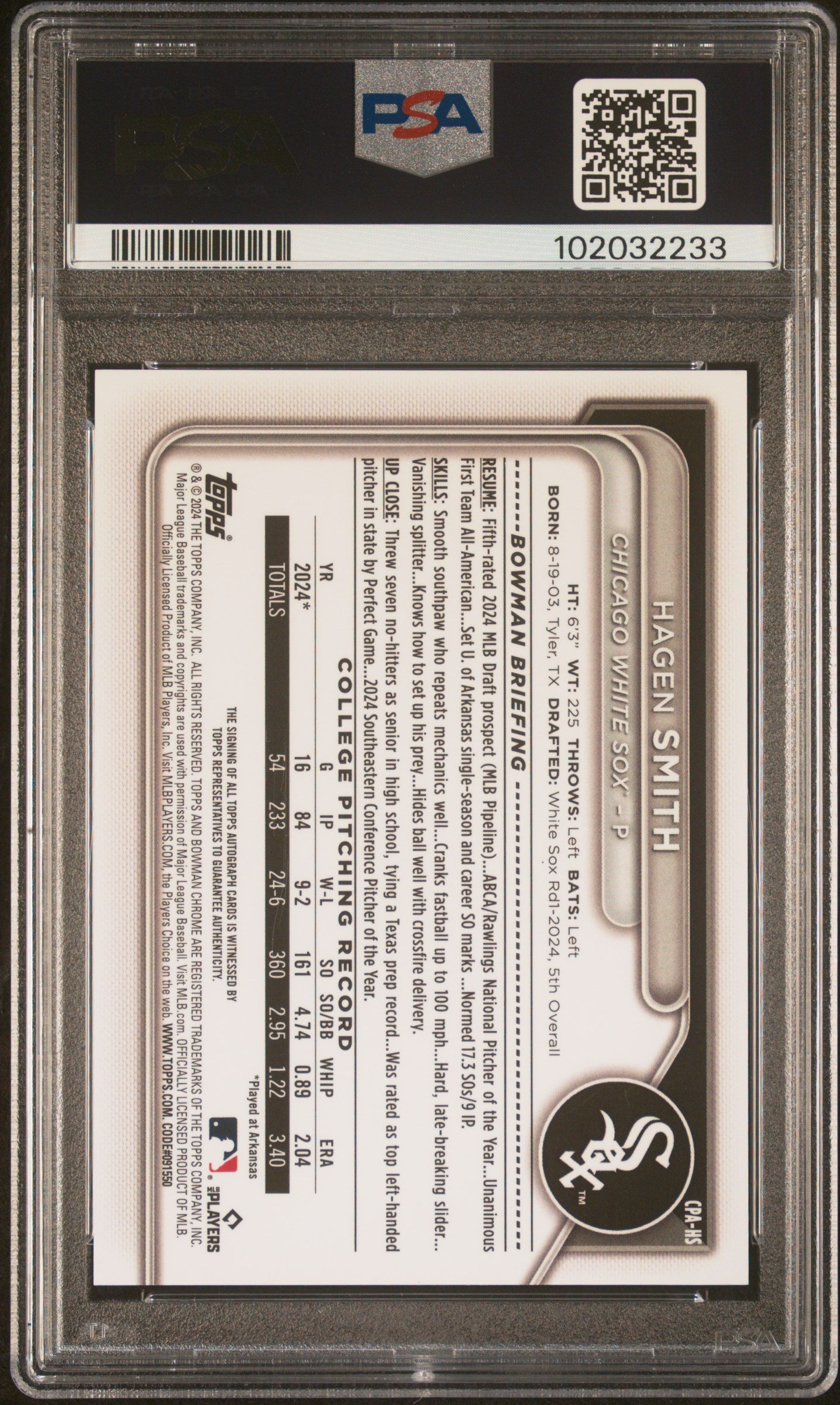 2024 Bowman Draft Chrome Prospect Auto Hagen Smith #CPAHS Gold Wave 43/50 PSA 9