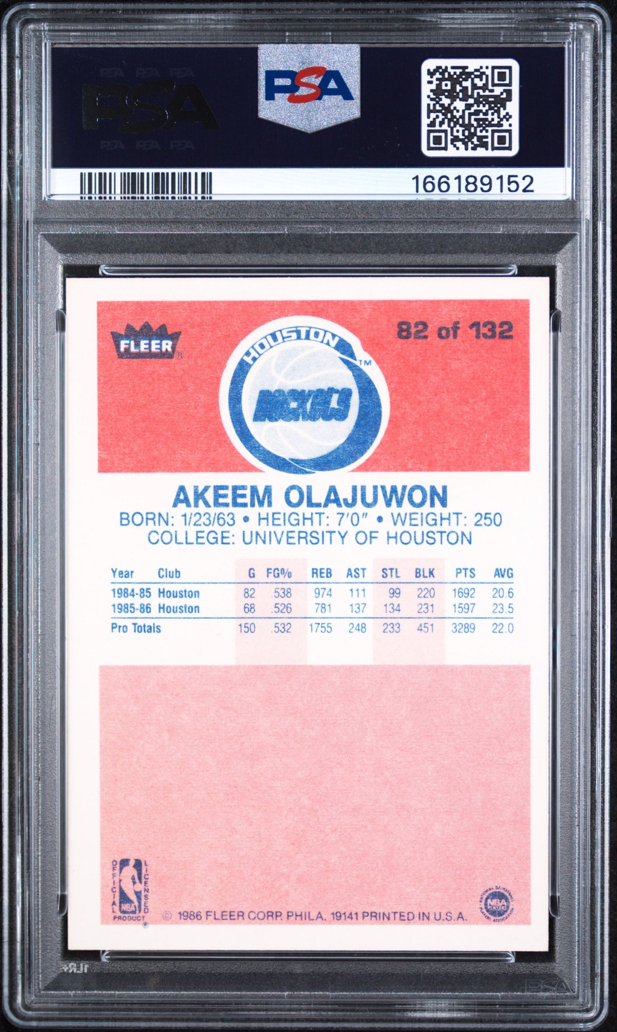 1986 Fleer Akeem Olajuwon #82 PSA 7