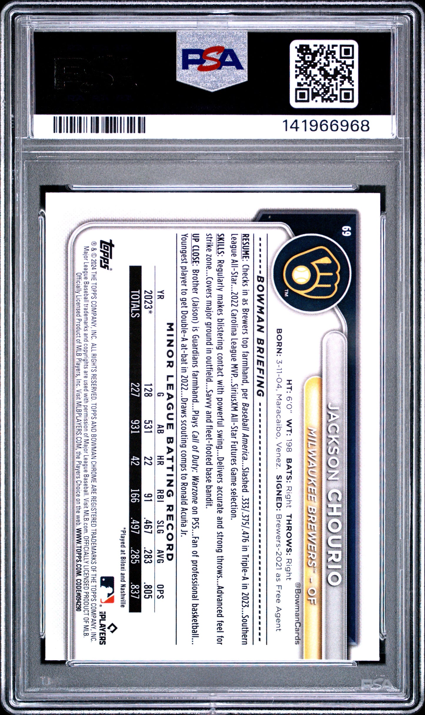 2024 Bowman Chrome Mega Box Jackson Chourio #69 Aqua Refractor 050/299 PSA 9