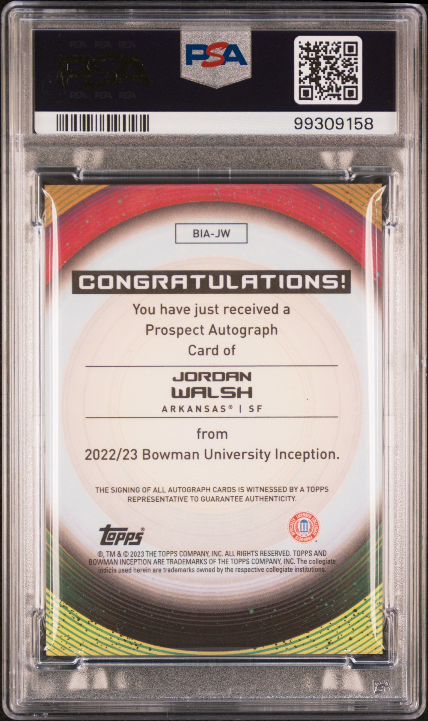 2022 Bowman University Inception Autographs Jordan Walsh #JW Gold 08/50 PSA 10