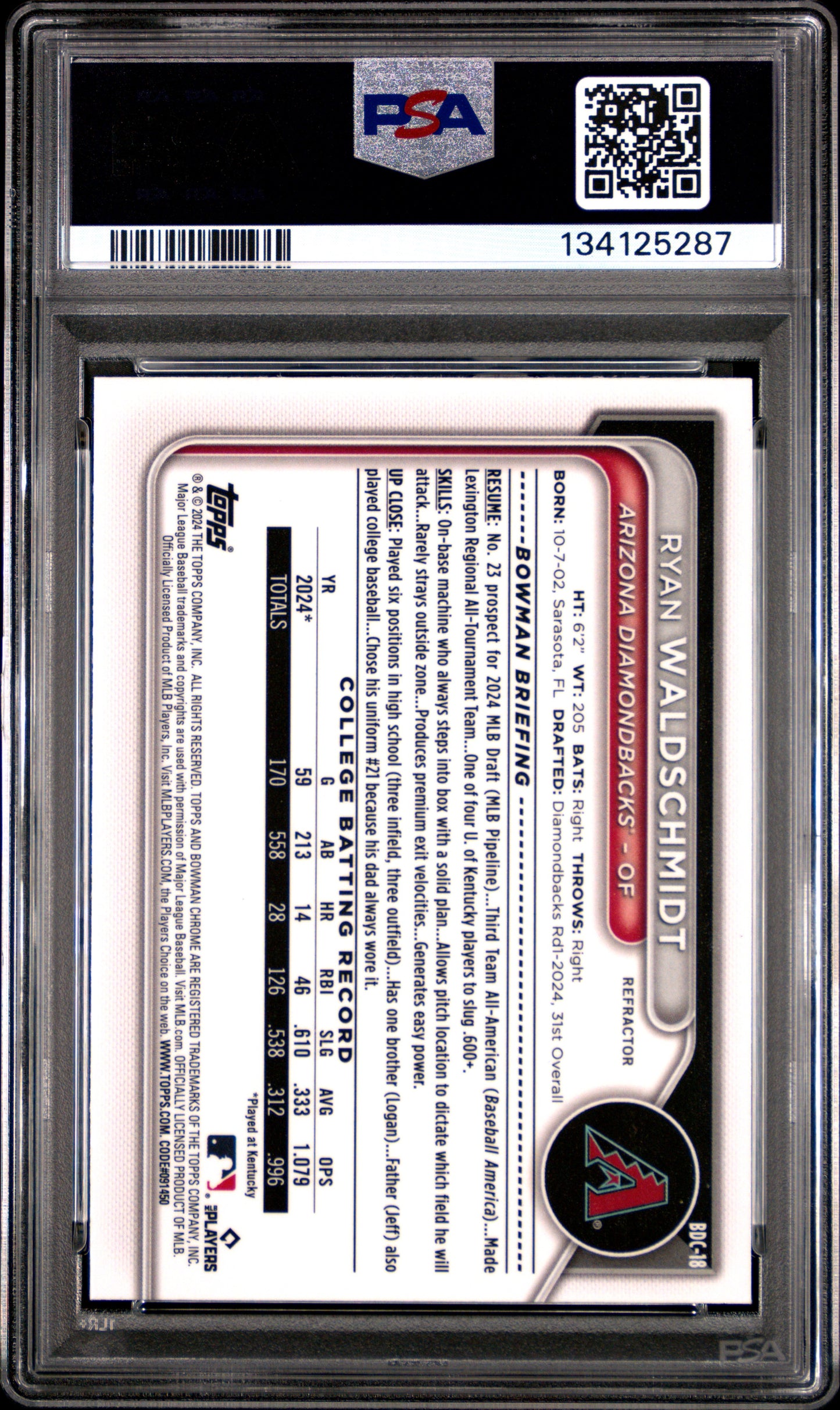 2024 Bowman Draft Ryan Waldschmidt #BDC18 Chrome Refractor PSA 10