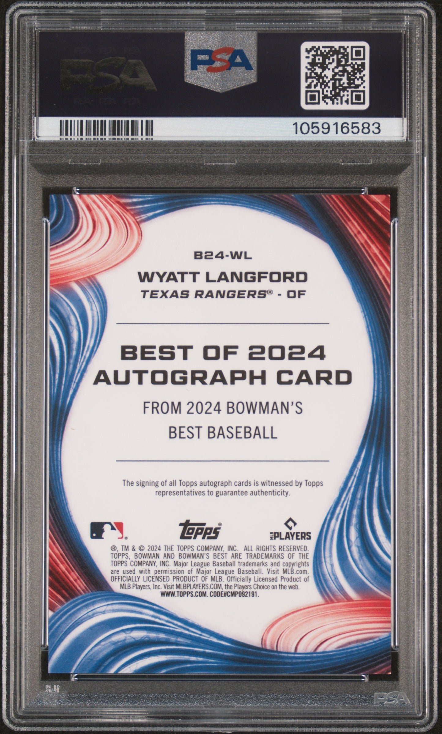 2024 Bowman's Best Of 2024 Autographs Wyatt Langford #B24WL Green 44/99 PSA 10