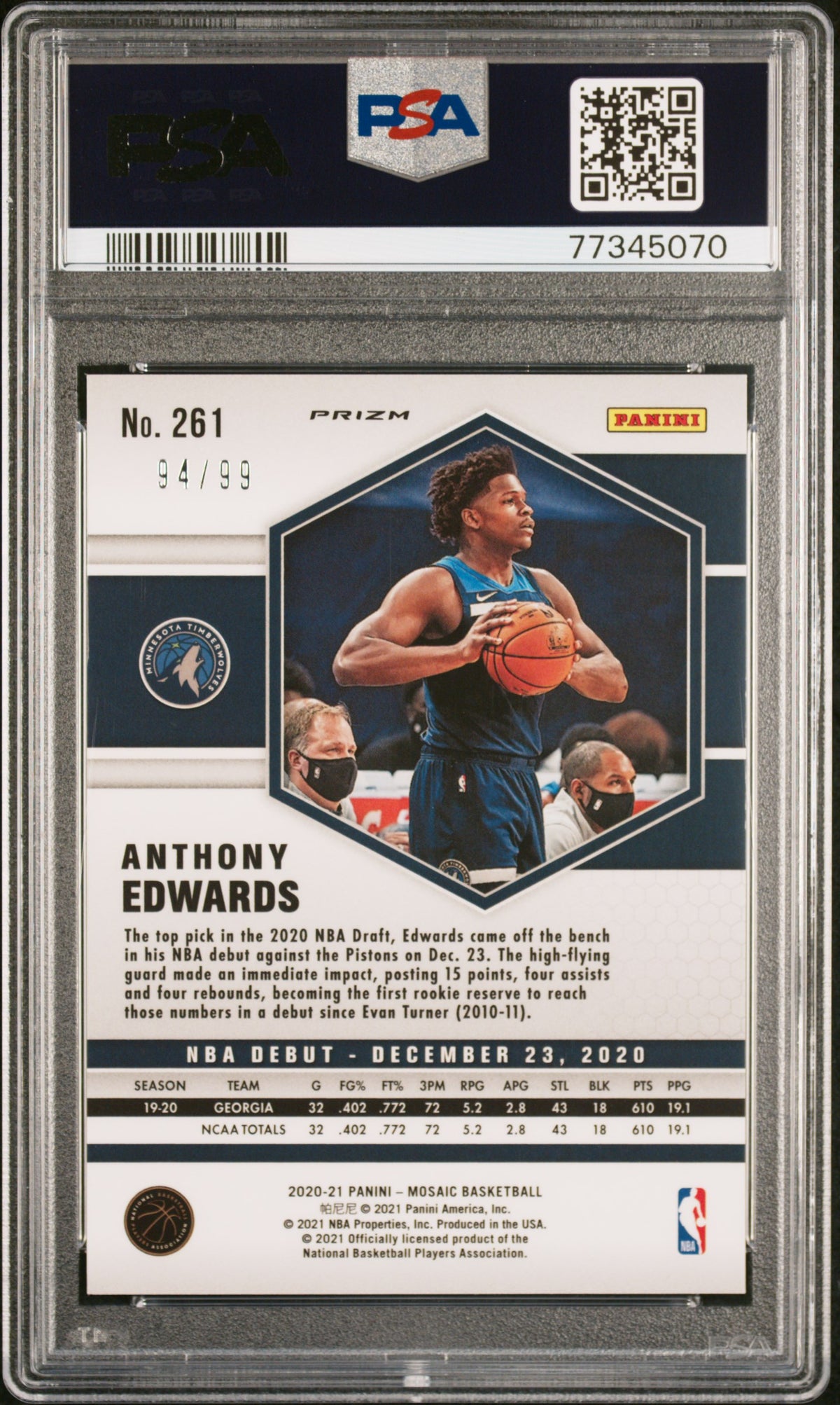 2020 Panini Mosaic Anthony Edwards #261 Blue Mosaic 94/99 RC PSA 10