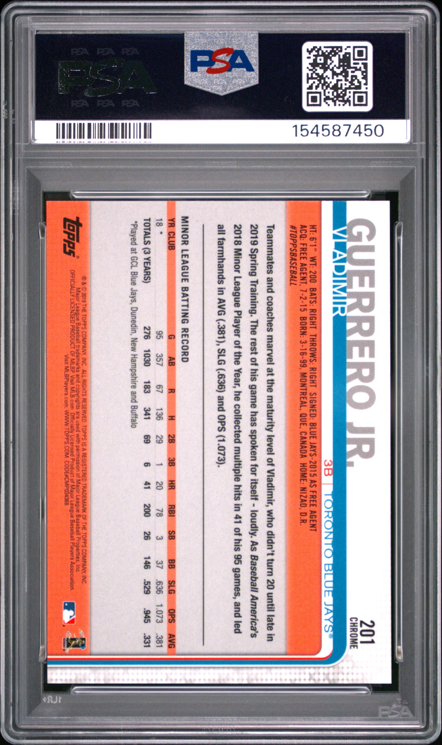 2019 Topps Chrome Vladimir Guerrero Jr. #201 RC PSA 10