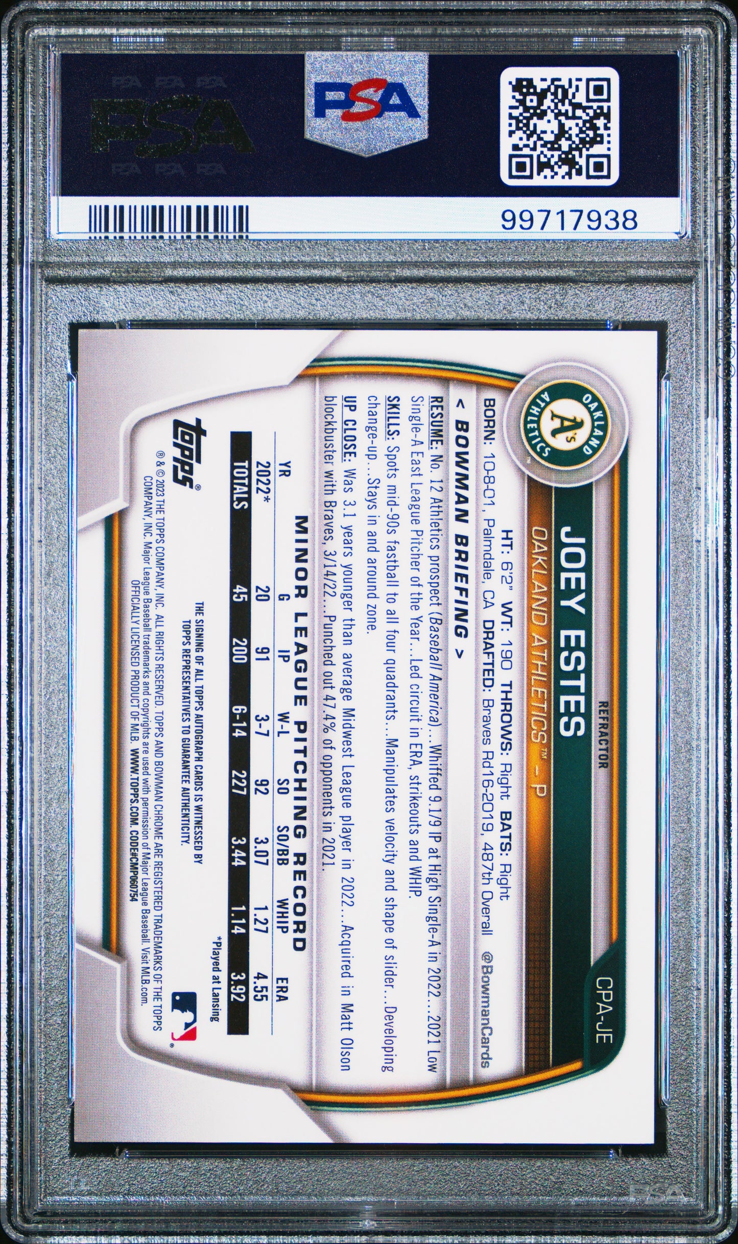 2023 Bowman Chrome Prospect Autographs Joey Estes #CPAJE Refractor PSA 9