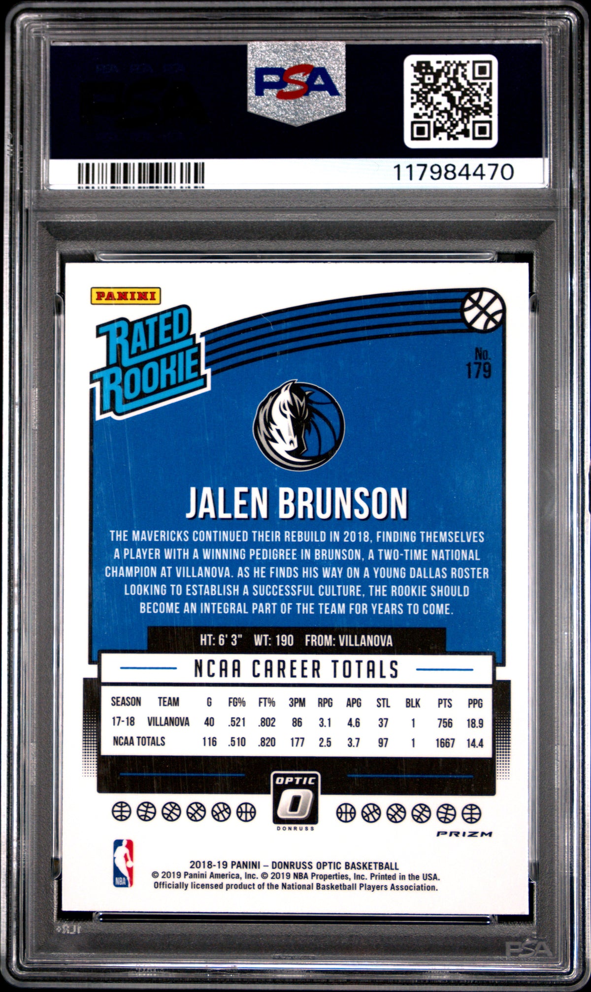 2018 Donruss Optic Rated Rookie Jalen Brunson #179 Blue Velocity PSA 9