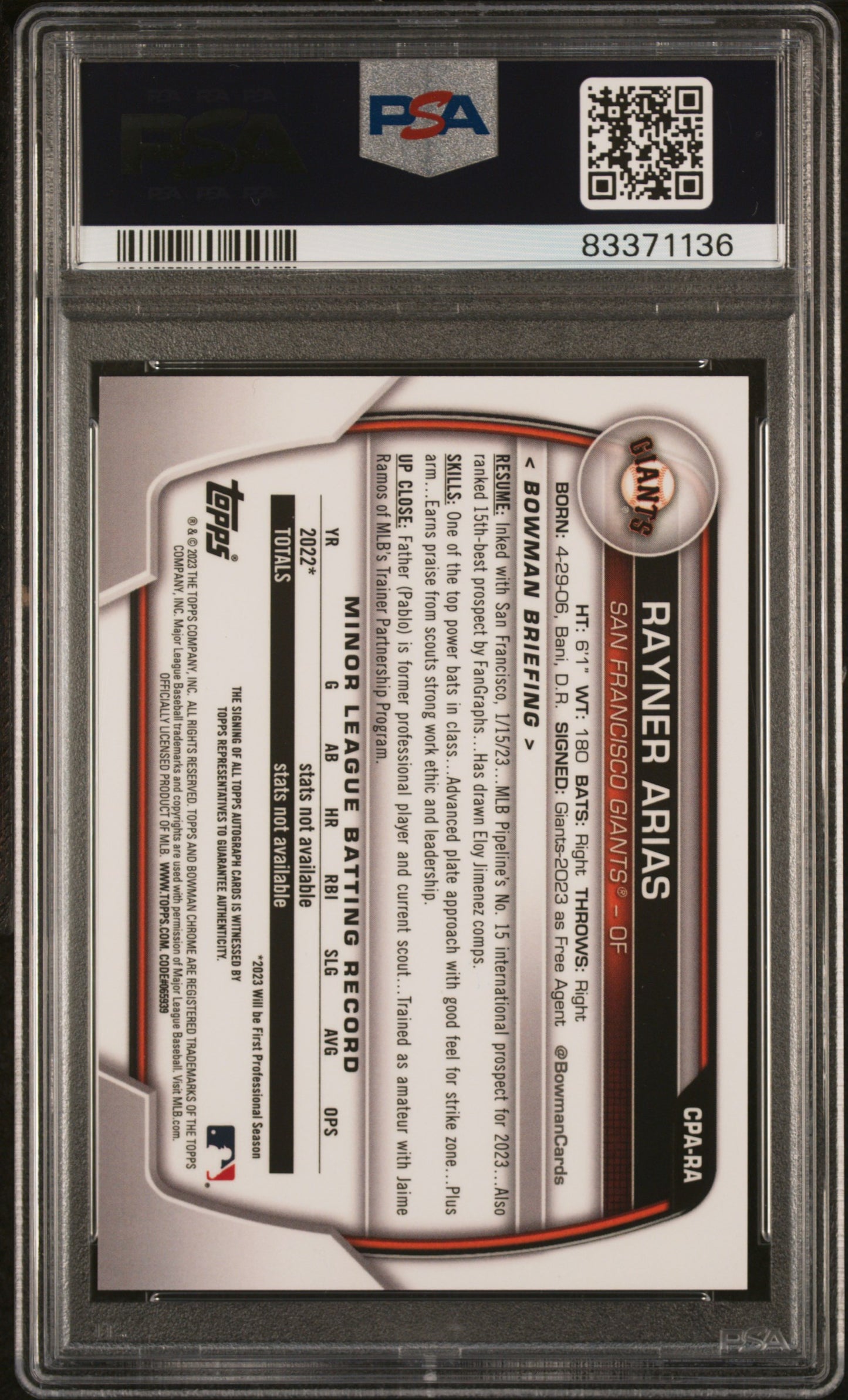 2023 Bowman Chrome Prospect Autographs Rayner Arias #CPA-RA PSA 10