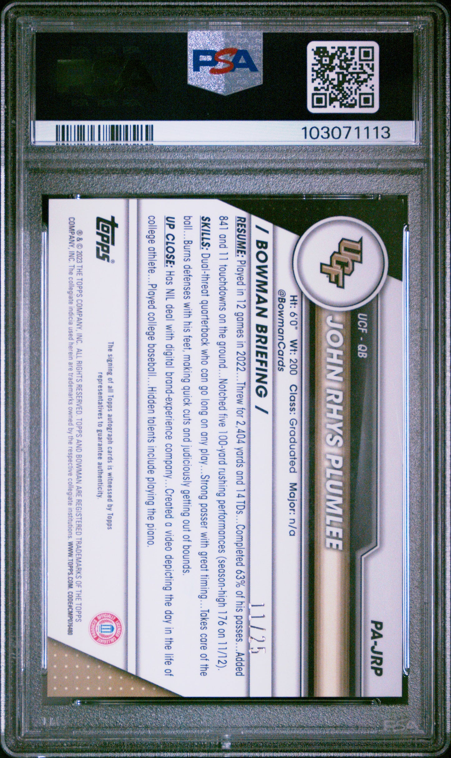 2023 Bowman University Chrome Sapphire Prospect Auto John Rhys Plumlee Orange