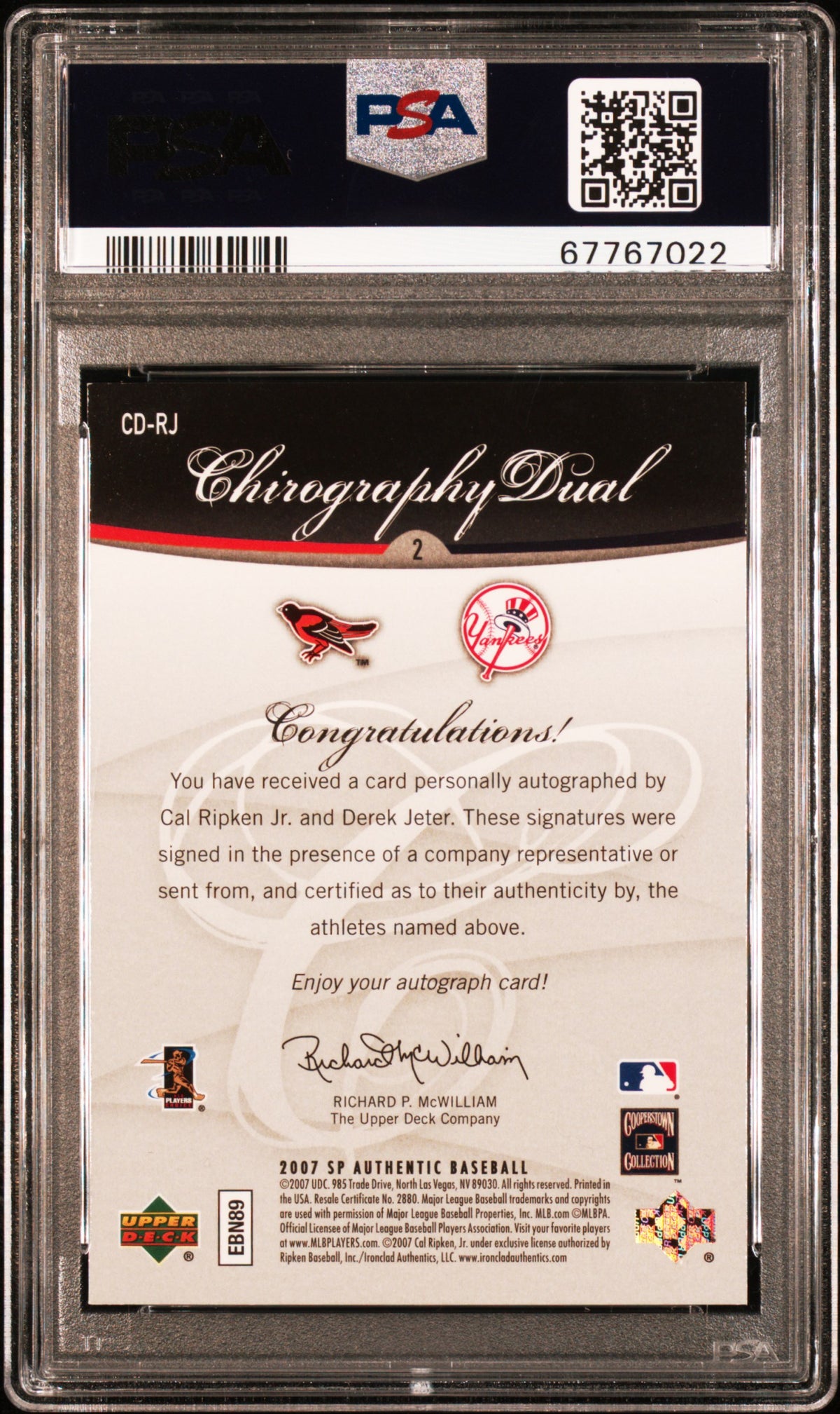 2007 SP Authentic Chirography Dual C. Ripken Jr. D. Jeter #CD-RJ 69/75 PSA 8