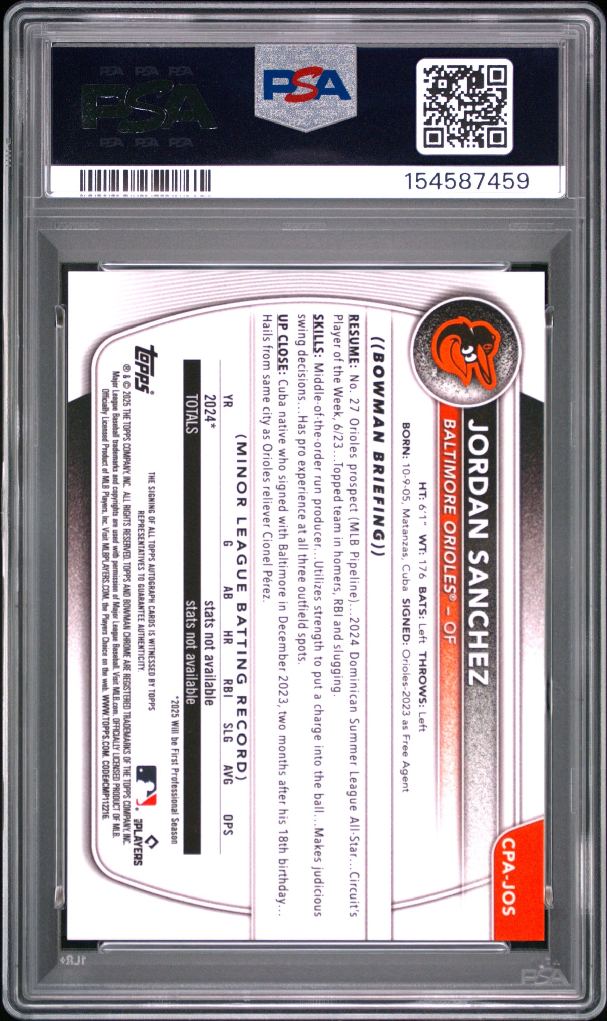 2025 Bowman Chrome Prospect Autographs Jordan Sanchez #JOS Purple 011/250 PSA 10