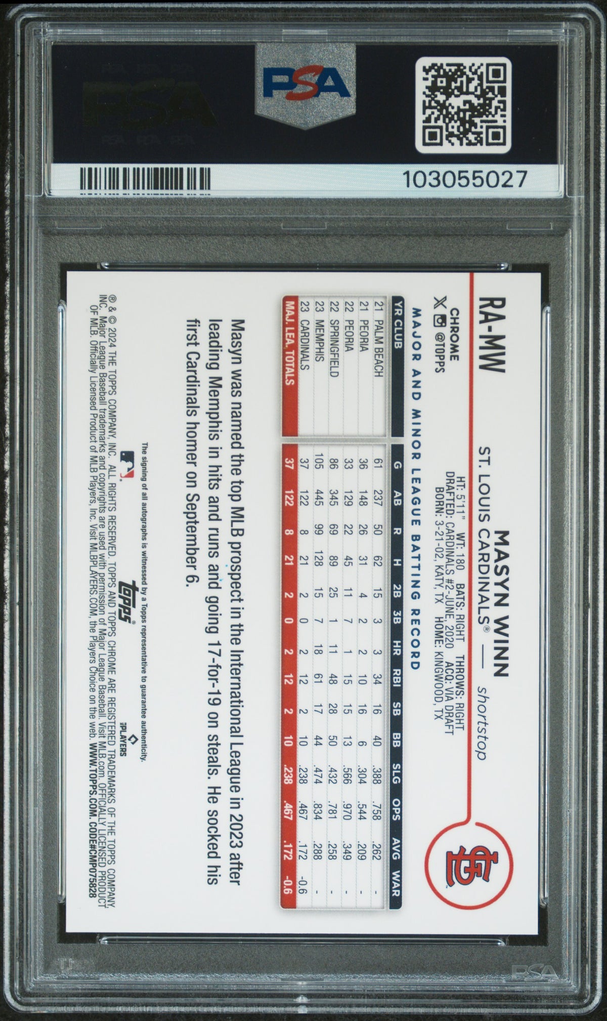 2024 Topps Chrome Rookie Autographs Masyn Winn #RAMW Aqua Wave 034/199 PSA 10